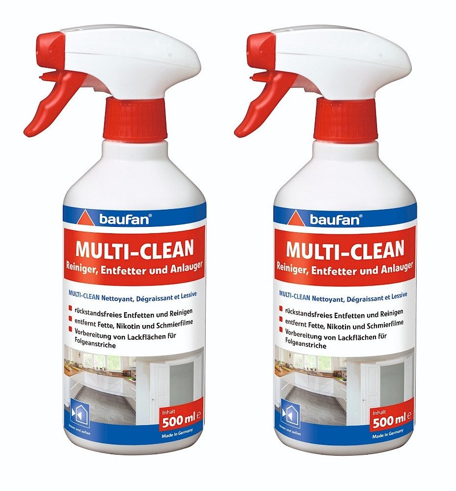 baufan® MULTI-CLEAN Reiniger Entfetter Anlauger 500ml Küchenreiniger Universalreiniger (2-St. rückstandsfreies Entfernen von Fett, Öl, Nikotin und Schmierfilmen)