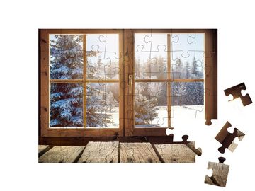 puzzleYOU Puzzle Blick durch ein Hüttenfenster auf den Winterwald, 48 Puzzleteile, puzzleYOU-Kollektionen Fenster