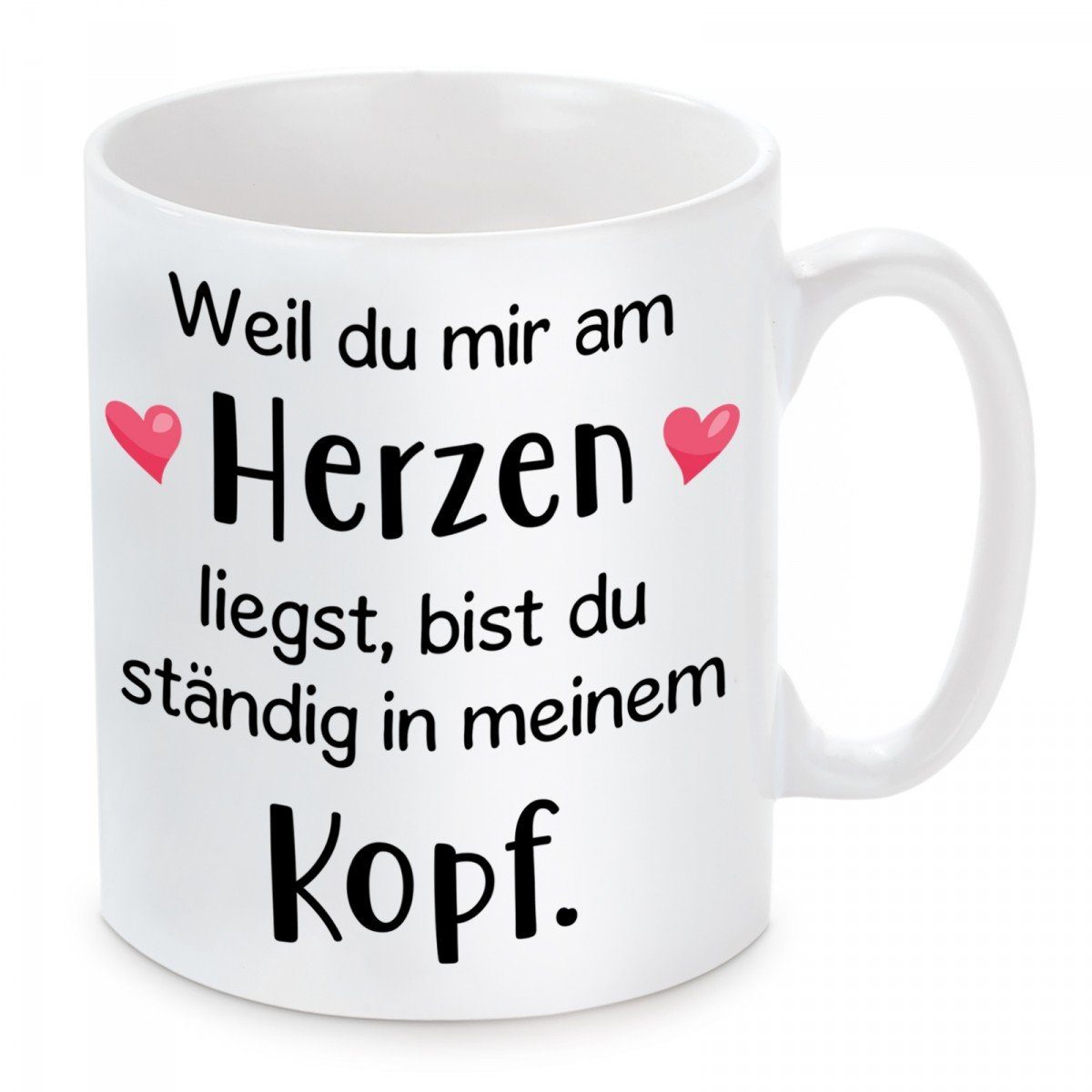 Herzbotschaft Tasse Kaffeebecher mit Motiv Weil du mir am Herzen liegst, Keramik, Kaffeetasse spülmaschinenfest und mikrowellengeeignet