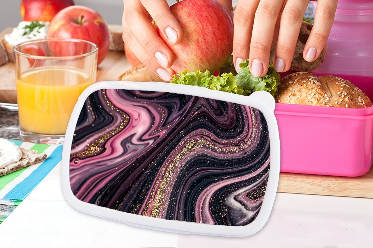 MuchoWow Lunchbox Marmoroptik - - Erwachsene, für Kunststoff Lila Kunststoff, Brotdose - (2-tlg), Gold Marmor, Rosa Mädchen, Kinder, Brotbox Luxus - - Snackbox