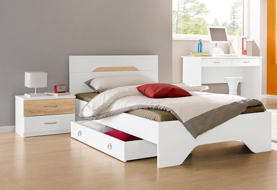 Liegefläche 90x200 cm Rauch Möbel Carlsson Bett Einzelbett Futonbett in weiß Absetzungen//Füße Eiche massiv Gesamtmaße BxHxT 99x97x207 cm