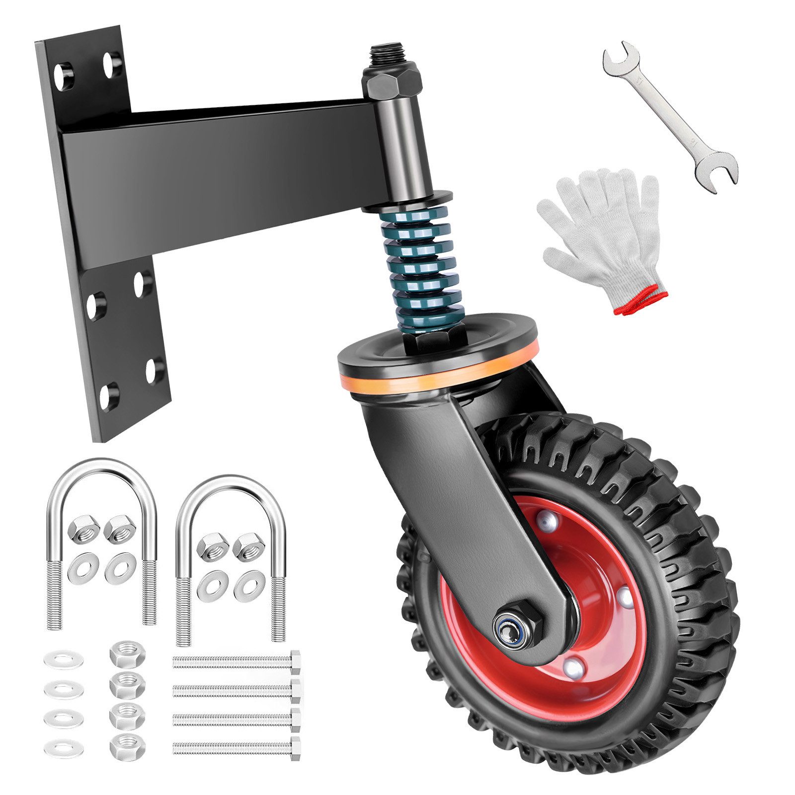 XERSEK Schwerlastrolle Robuste Federbelastete Torrollen Gummi 360° Torlaufrolle für Gartentor, (mit Universal-Montageplatte, 200 KG Belastbarkeit), 150mm Laufrolle Rad Federrad für Farmtor Holztor