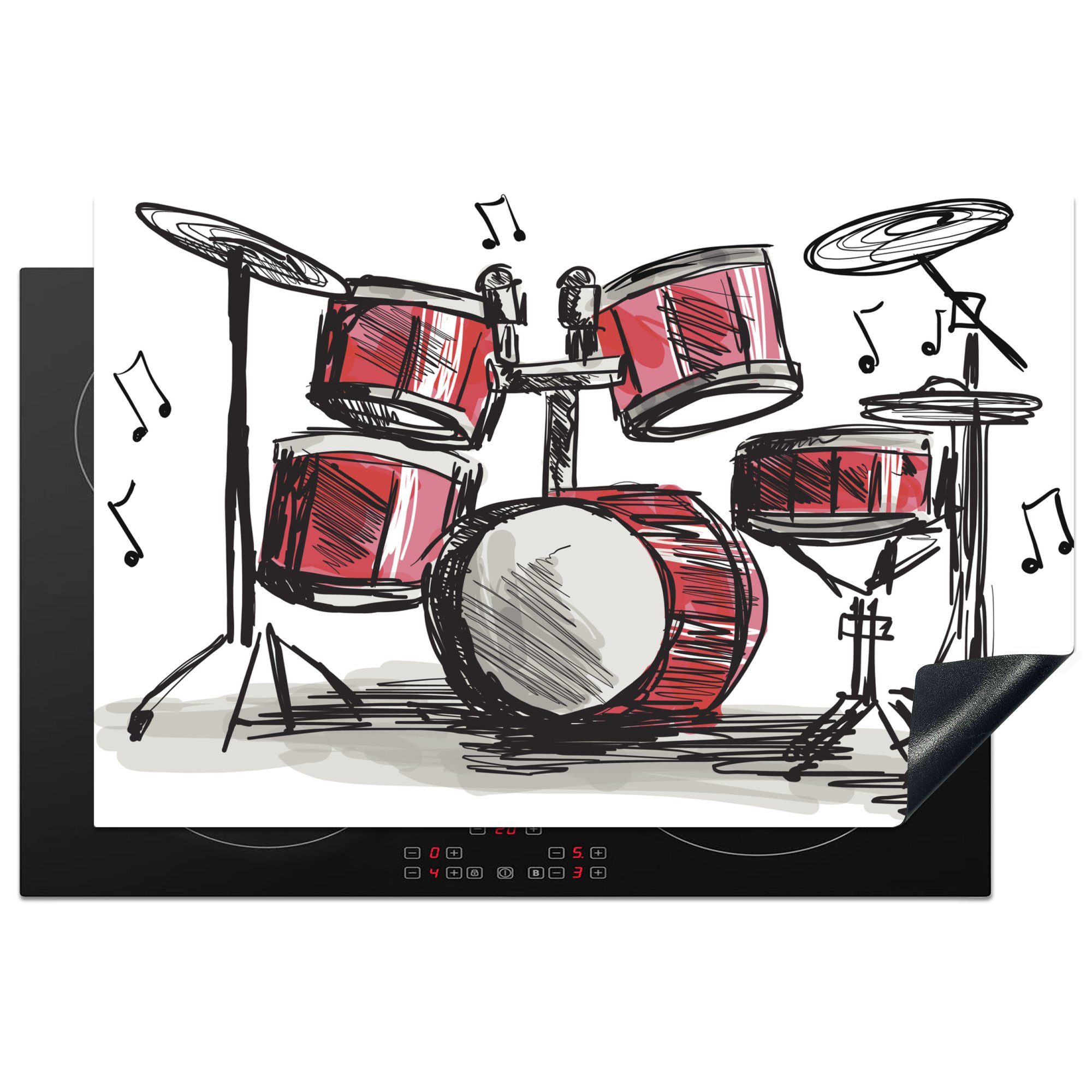 MuchoWow Herdblende-/Abdeckplatte Illustration einer Zeichnung eines Schlagzeugs, Vinyl, (1 tlg), 81x52 cm, Induktionskochfeld Schutz für die küche, Ceranfeldabdeckung