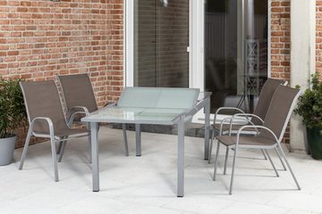 MERXX Garten-Essgruppe Sorrento, (Set 5-teilig, Tisch, 4 Stapelsessel, Aluminium mit Textilbespannung, Sicherheitsglas), mit platzsparenden Stapelsesseln