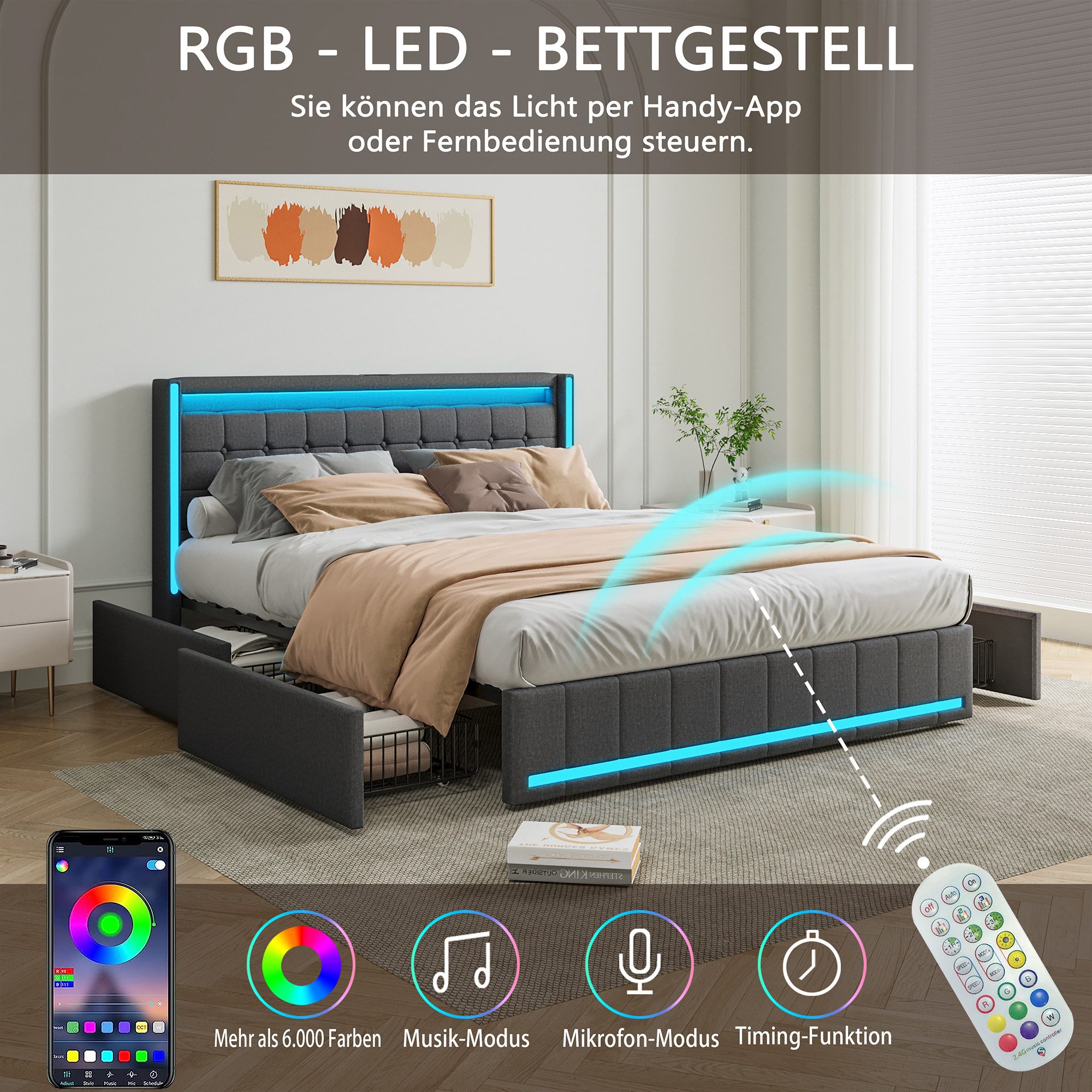 PXloue Polsterbett LED Doppelbett 140x200cm mit Ladefunktion und 4 Schubladen Polsterbett (Geeignet für Jugendliche und Erwachsene), Stauraumbett, mit RGB-LED,  – Bild 5 von 5