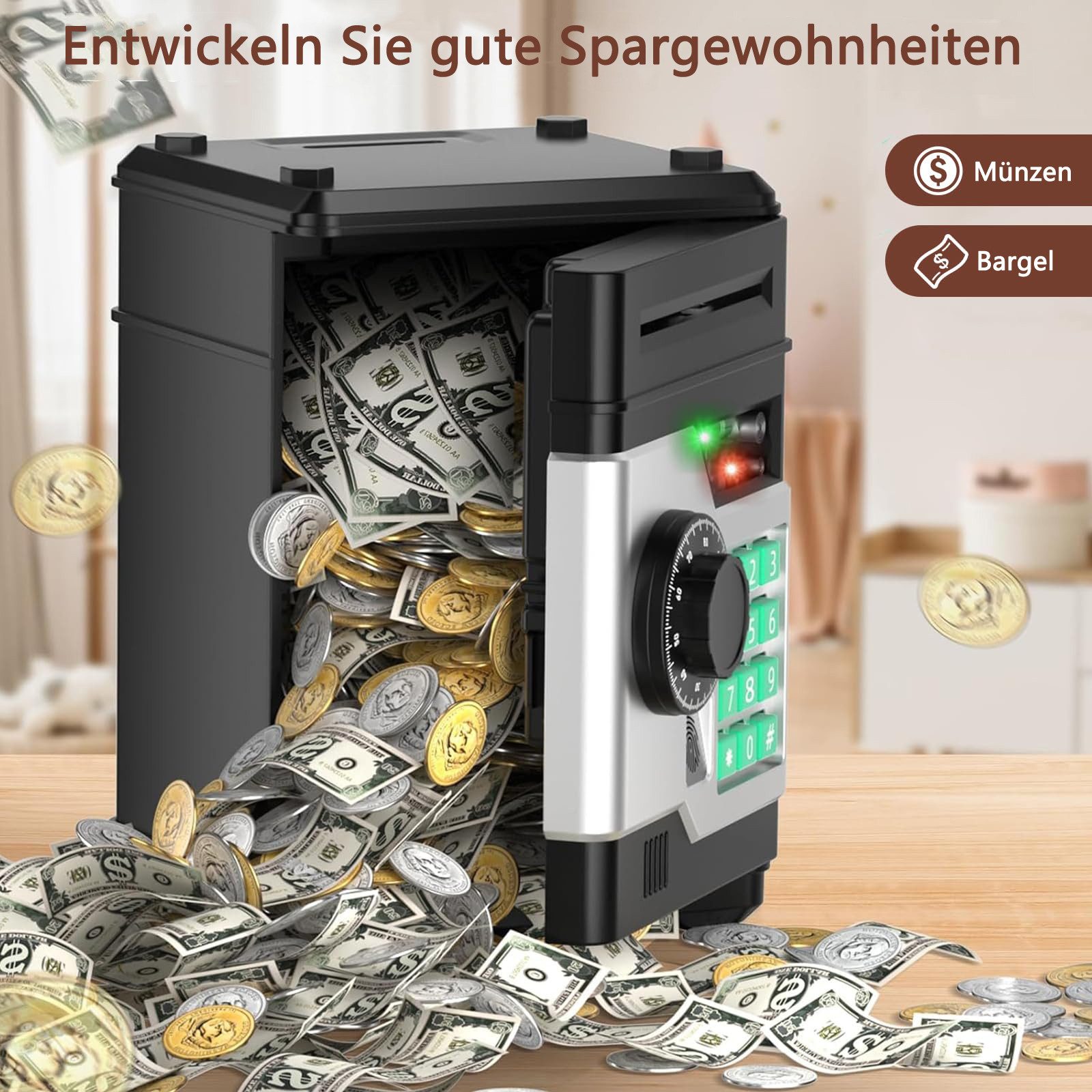 Minicloss Spardose Elektronisches Sparschwein, Geldtresor, Mini-Safe, Geldautomat, Fingerabdruck-Entsperrung Passwort Spardose Kinder – Bild 5 von 5