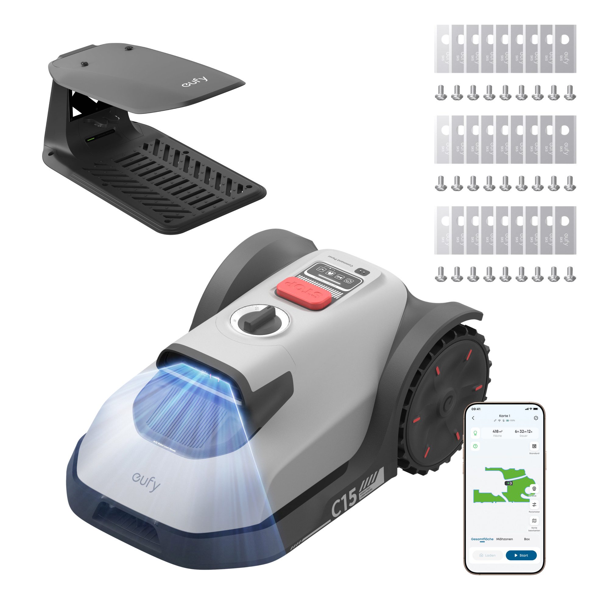 Anker eufy Rasenmähroboter C15 ohne Begrenzungskabel, bis 500 m² Rasenfläche, (Packung), ohne RTK, Auto-Kartierung, intelligente Navigation, präzises Randmähen