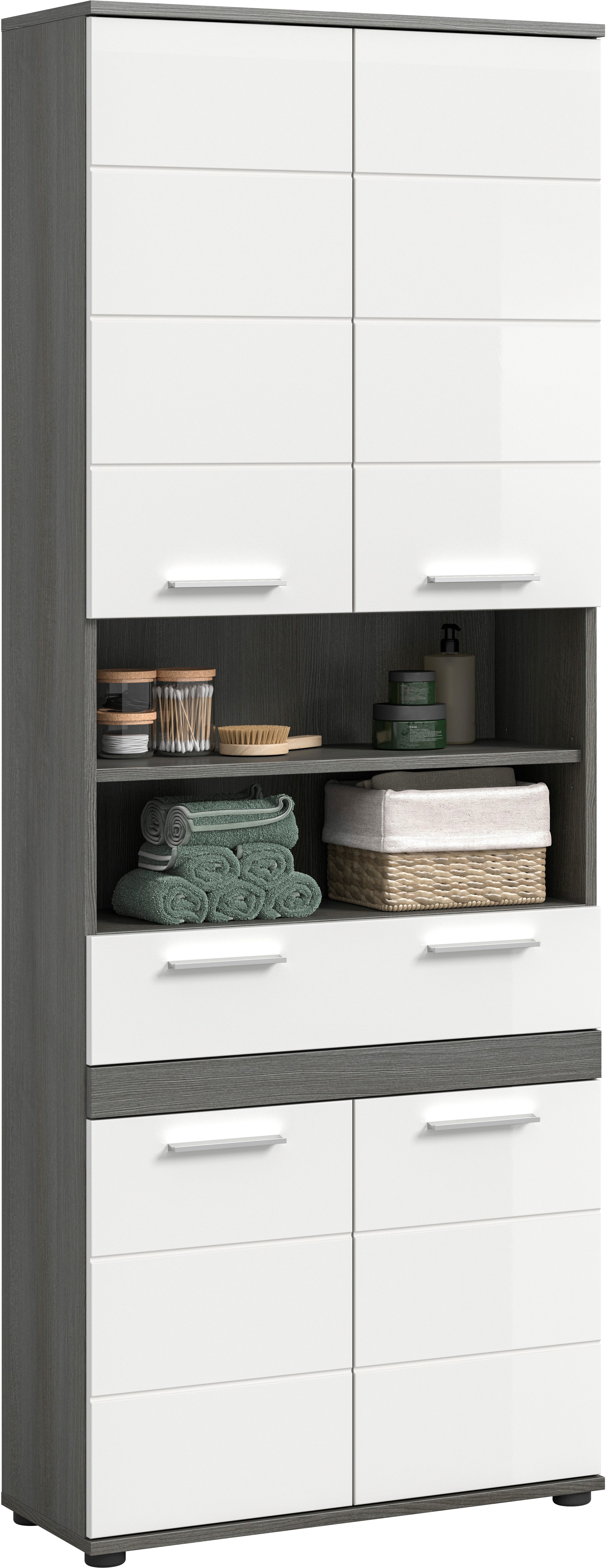 welltime Hochschrank LUCCA, Breite 70cm, 4 Türen, 1 Schubkasten, 7 Fächer (in verschiedenen Farben erhältlich, große Typenauswahl) Badschrank, Badmöbel, Badezimmer, Universalschrank, Mehrzweckschrank
