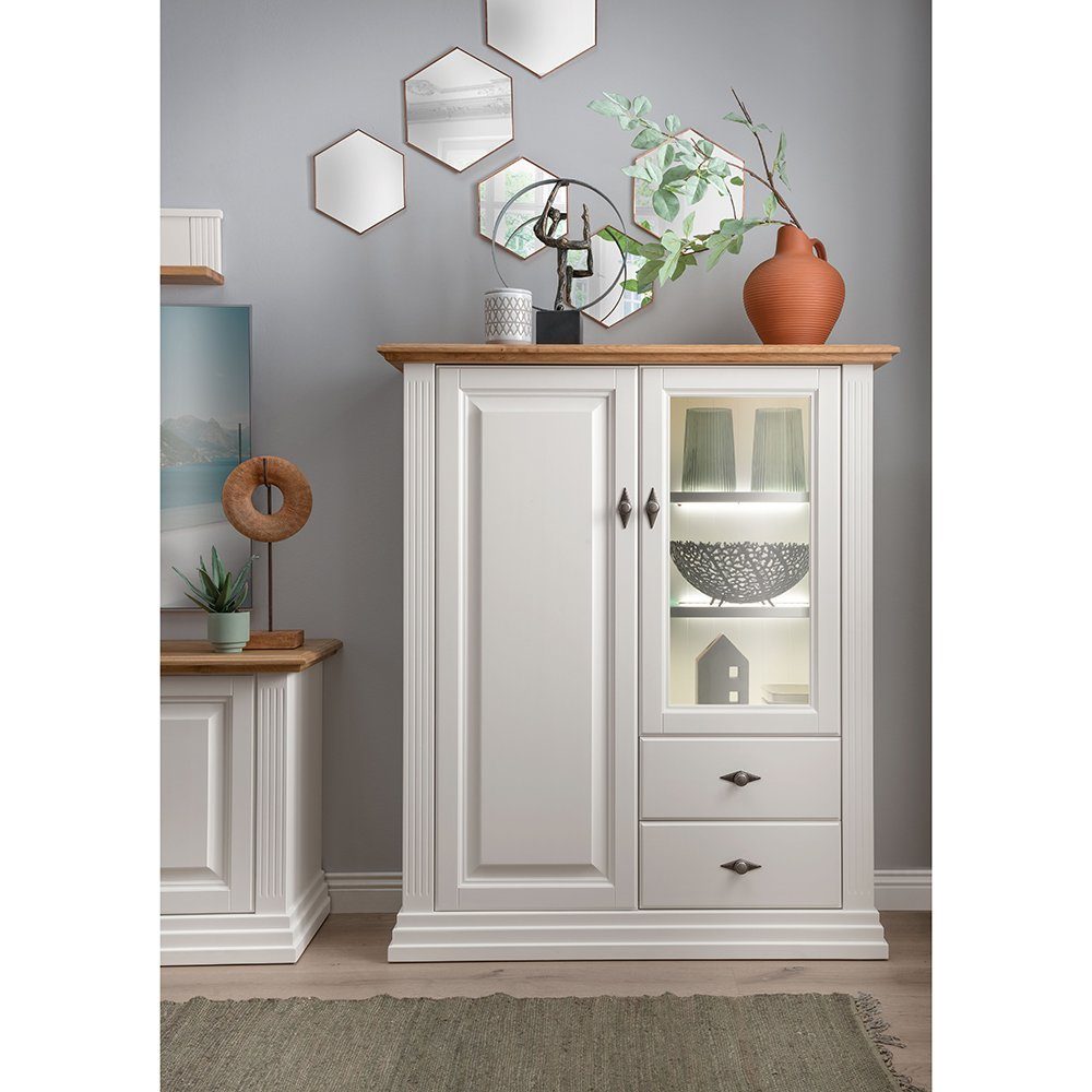 Lomadox Highboard ESBJERG-69, Kiefer weiß lackiert mit Eiche geölt, Landhausstil