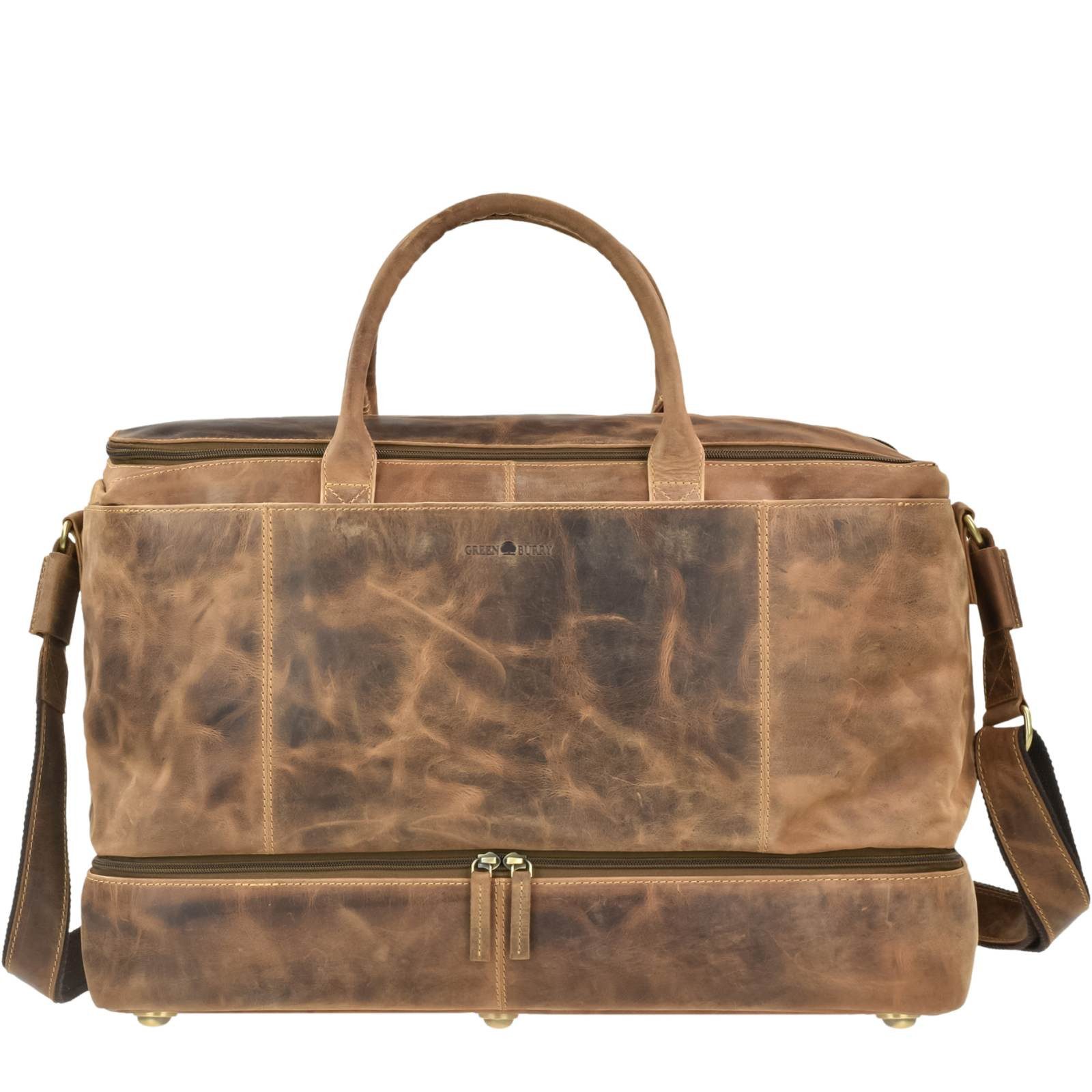 Greenburry Reisetasche Vintage Leder Weekender Sporttasche mit extra Bodenfach antikbraun, extra rustikaler Look, 51x32x24cm, Ledertasche