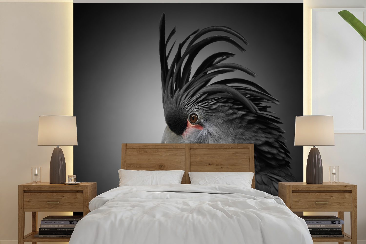Schlafzimmer, MuchoWow St), oder bedruckt, Wohnzimmer Wandtapete Hintergrund, (5 für Schwarzer Kakadu Fototapete Tapete mit dunklem Vinyl Matt,