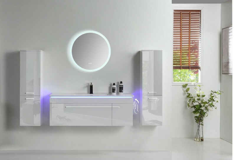 Faizee Möbel Badmöbel-Set Badmöbel Set 90 cm Weiß komplett Set Vormontiert Weiß mit LED, (Komplett-Set, 5-St), badmöbel set Weiß komplett Set LED-Spiegel mit Touch-Funktion