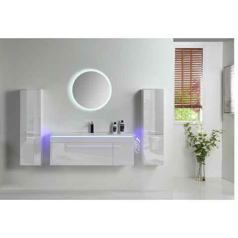 Faizee Möbel Badmöbel-Set Badmöbel Set 90/120 cm Weiß komplett Set Vormontiert Weiß mit LED, (Komplett-Set, 5-St), badmöbel set Weiß komplett Set LED-Spiegel mit Touch-Funktion