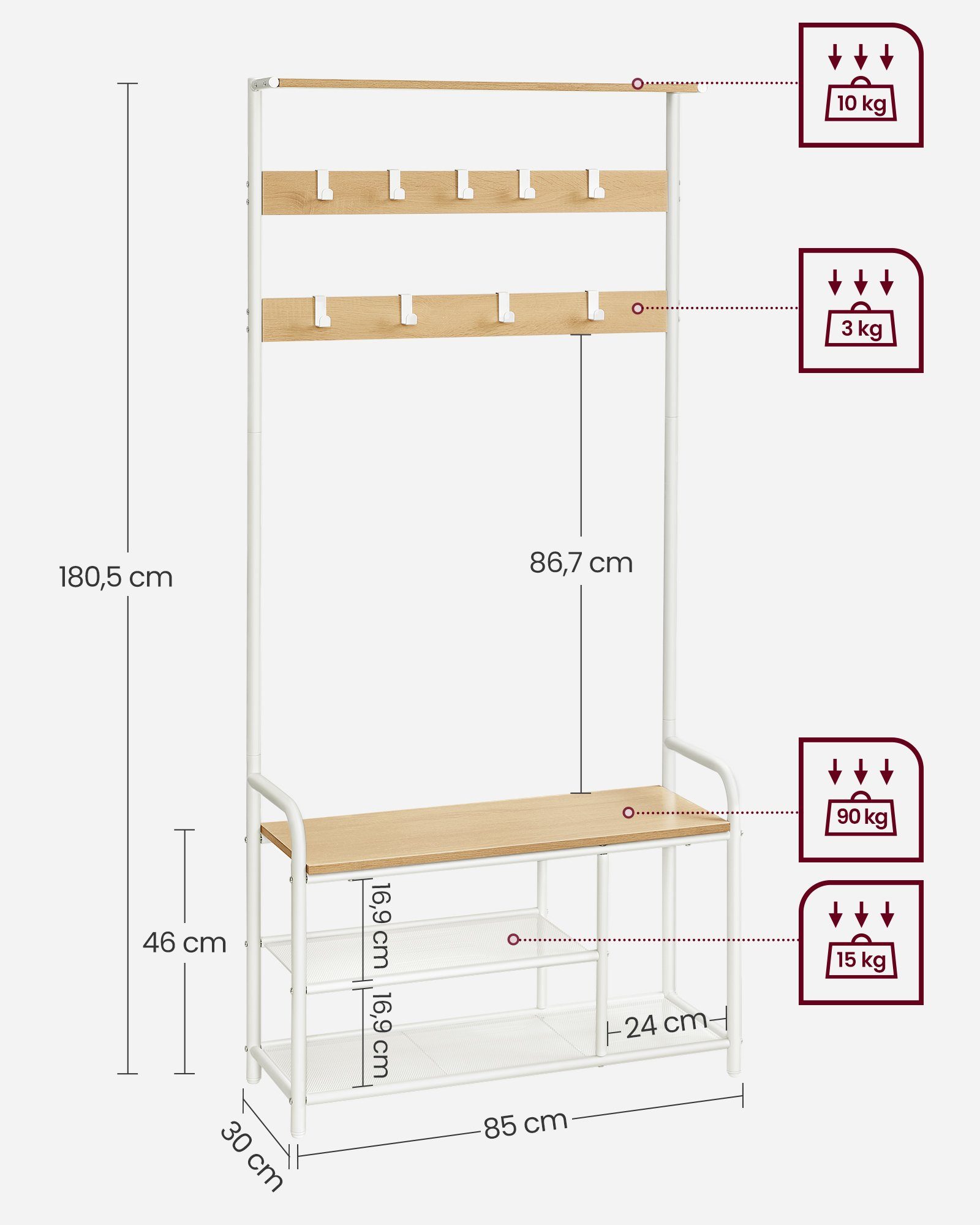 VASAGLE Garderobenständer Garderobe, Schuhbank, Ablage, für Flur, Schlafzimmer, kleine Wohnungen, Kleiderständer 9 Haken, 30 x 85 x 180,5 cm, modern