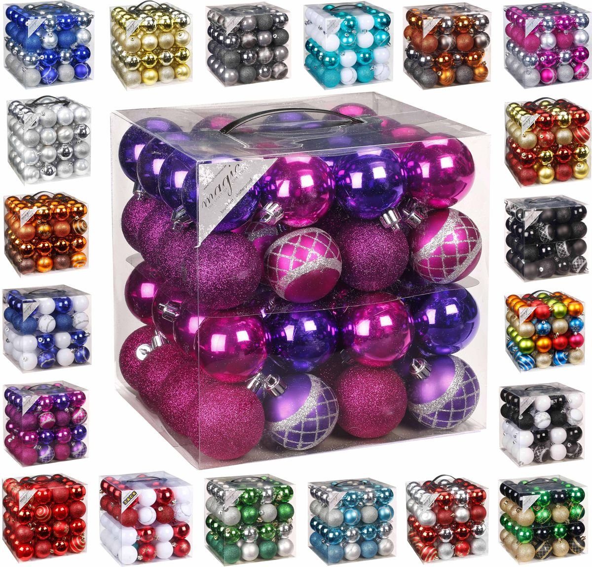 JACK Christbaumschmuck 64x Kunststoff Christbaumkugeln Ø 6cm Baum Kugeln inkl. Aufhänger, Mit praktischer Aufbewahrungsbox, Optik: matt / glänzend / glitzernd Pink-Purple-Mix