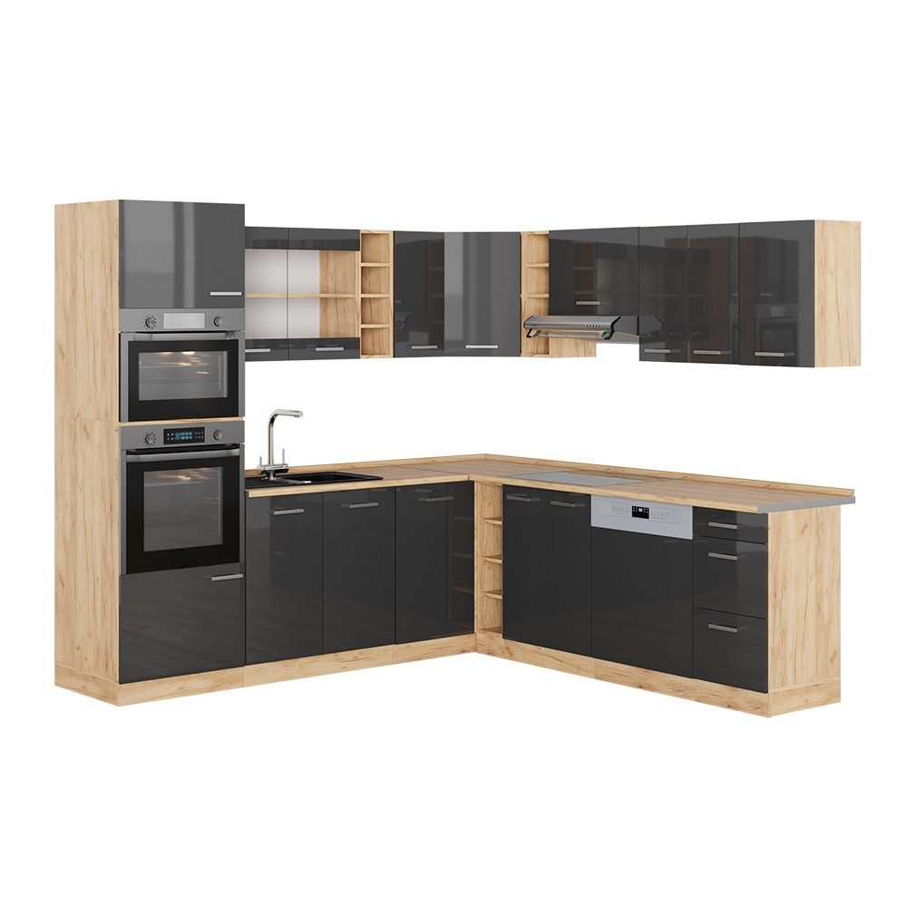 Vicco Winkelküche R-Line, Anthrazit Hochglanz/Goldkraft Eiche, 247 x 237 cm ohne Arbe...