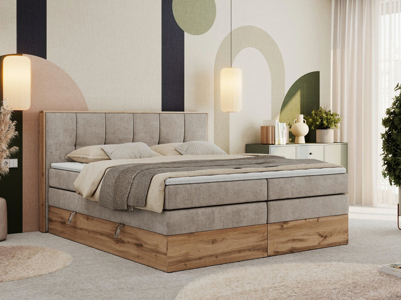 MKS MÖBEL Boxspringbett ALBERO 1 KING (Packung, Set, Polsterbett, Topper T25/Visco, T30-Schaum, Möbelplattenelementen), Doppelbett, Bettkästen, Multipocket-Matratzen, Boxspringbett, Kopfteil