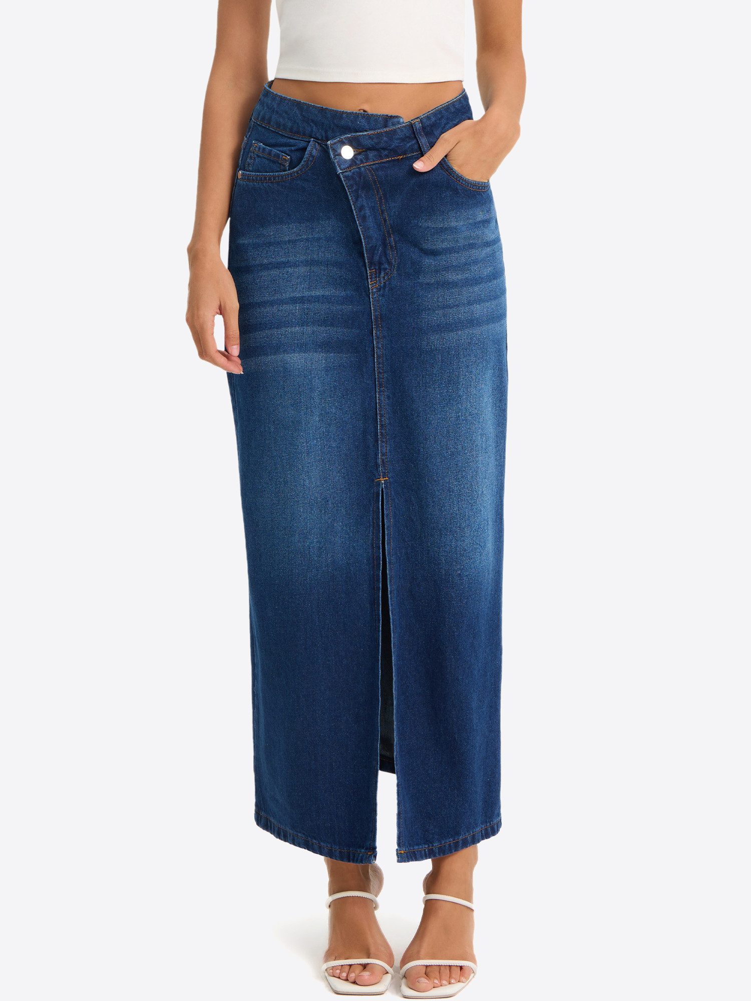 Imily Bela Jeansrock Damen Midi mit vorderem Schlitz aus Baumwolle Denim Casual (Packung, 1-tlg., 1per-Pack) mit asymmetrischem Bund in Unifarbe