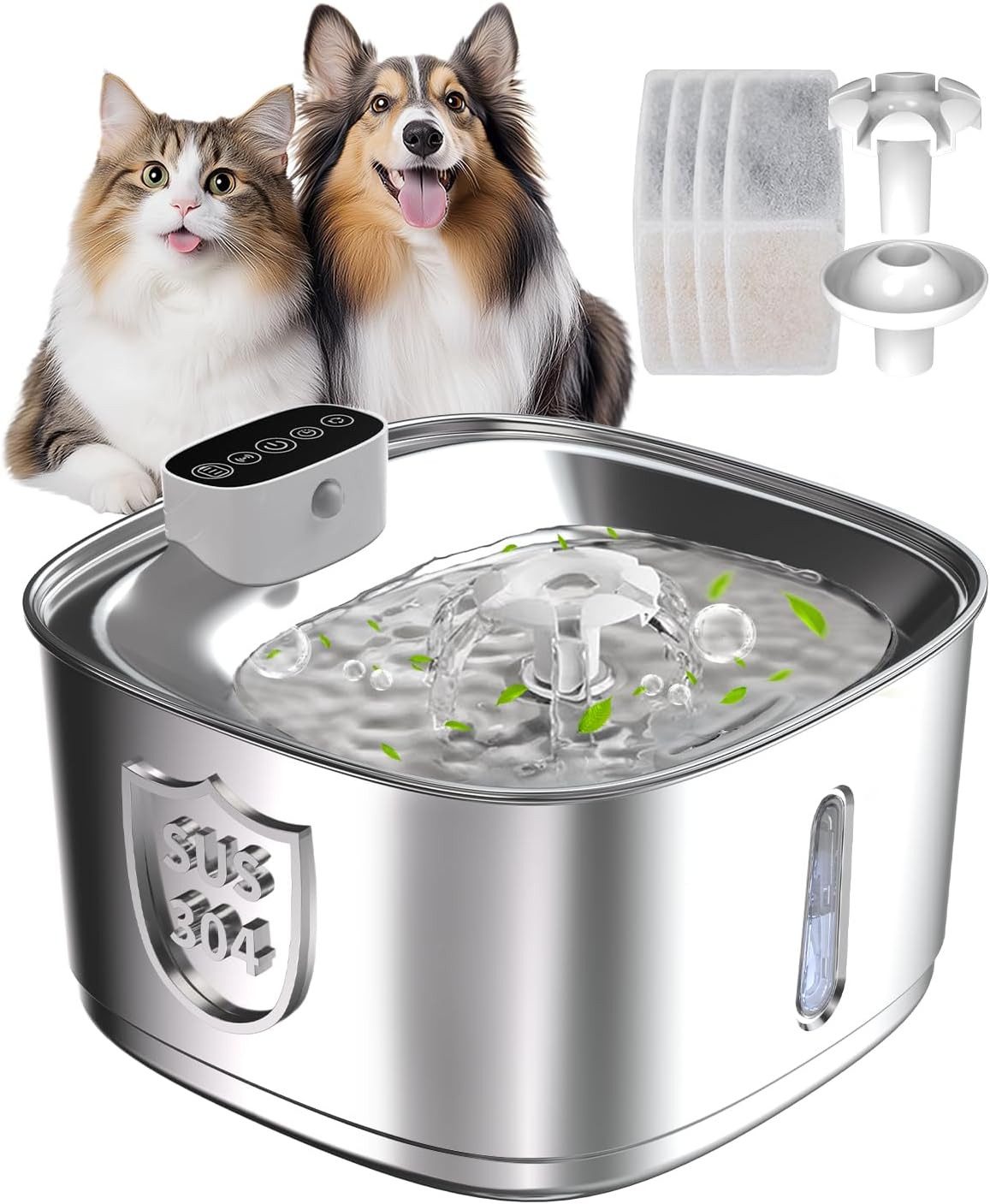 AURIVION Trinkbrunnen Trinkbrunnen für Katzen & Hunde, 3,2L, kabellos mit Sensor 3,2 l, Edelstahl Wasserbrunnen mit 4000mAh Akku, Filter & 3 Modi
