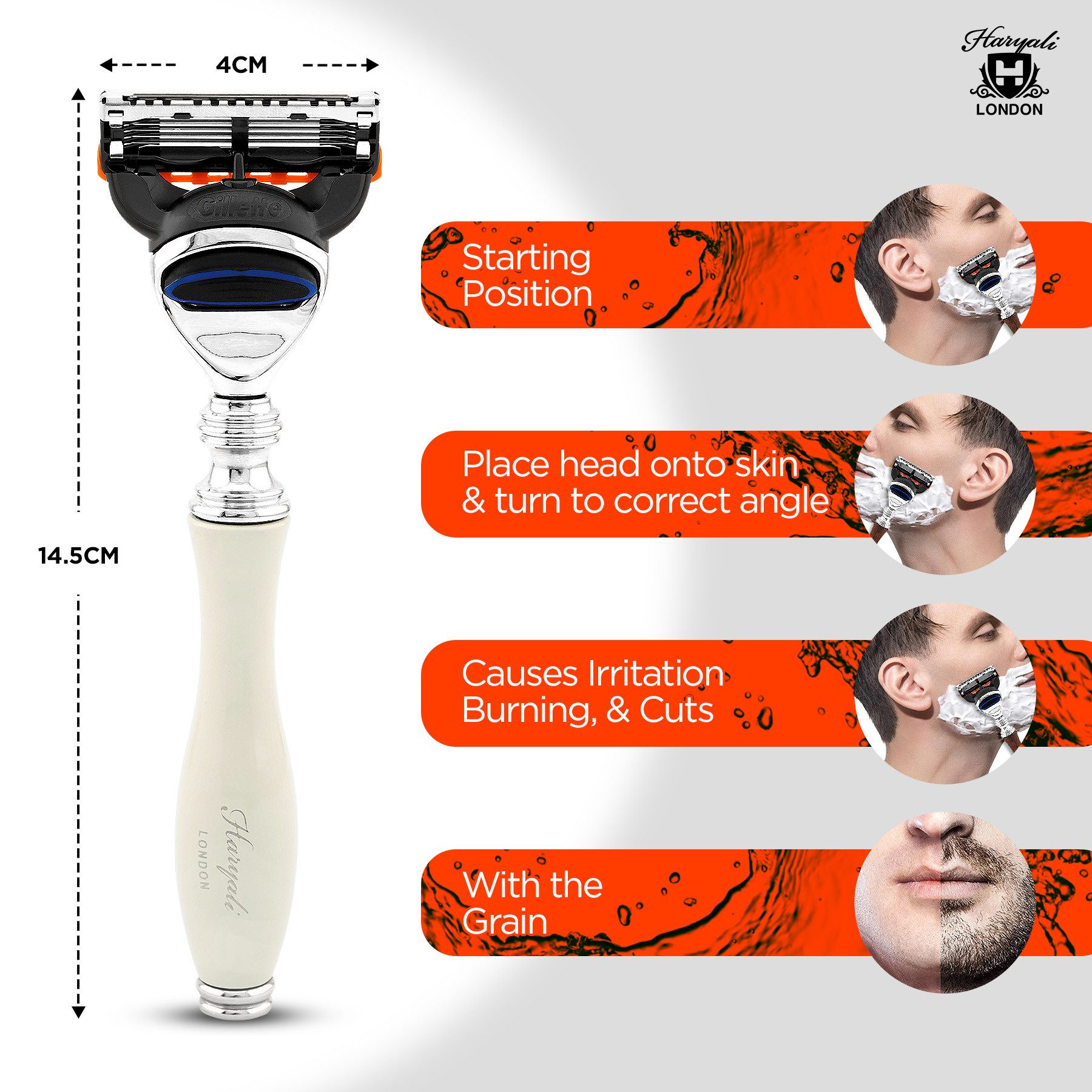 Haryali London Nassrasierer 5-Schneiden-Rasierer für Männer, Körper- & Gesichtsrasierer, Elfenbein, Packung, Rasiermesser mit verstellbarer Klinge aus hochwertigem Messing-Silber, Waschbarer, rutschfester Griff. Passt auf alle Fusion5-Rasierklingen.