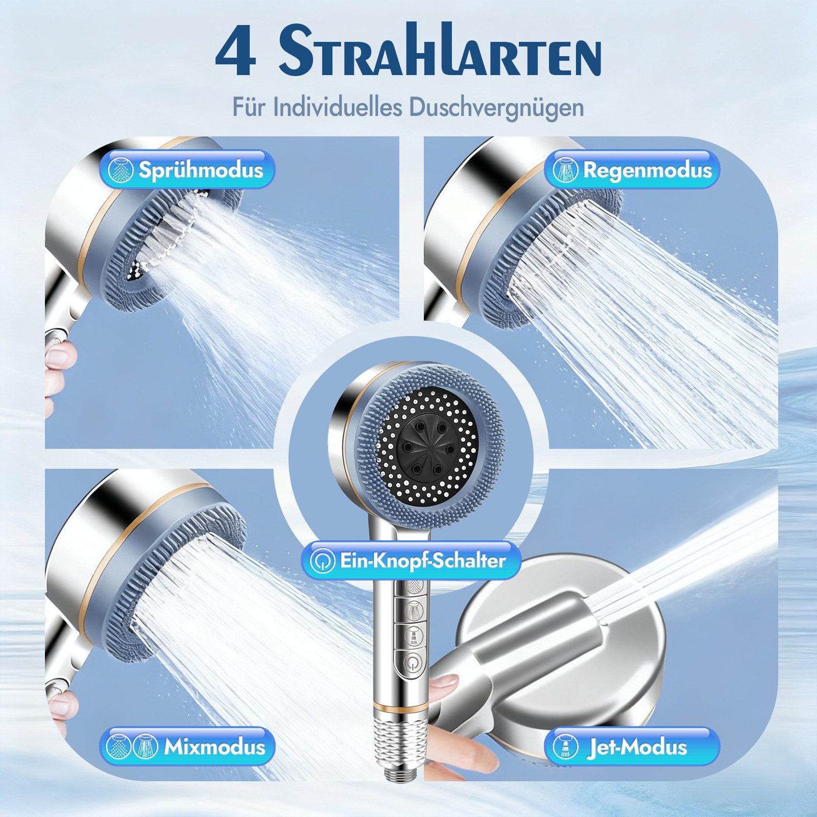 ANYSUN Handbrause Duschkopf mit Schlauch, Filter und Halterung ohne bohren, Wassersparender Handbrause Hochdruck, Duschkopf mit 4 Strahlarten