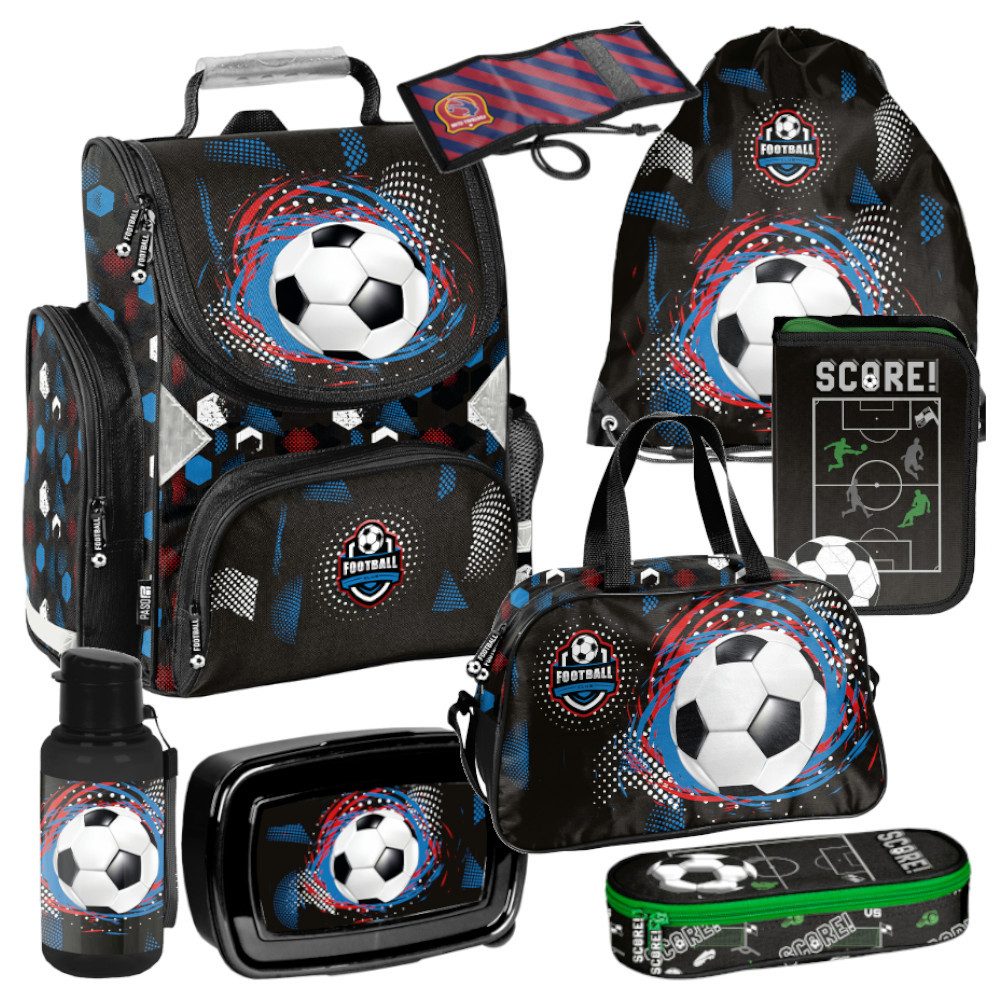 PASO Schulrucksack Mega-Set XXL Football 8 - tlg. (Rucksack + Turnbeutel + Federmäppchen + Lunchbox + Trinkflasche + Sporttasche + Etui + Geldbörse, 8-tlg), Klassen 1–4