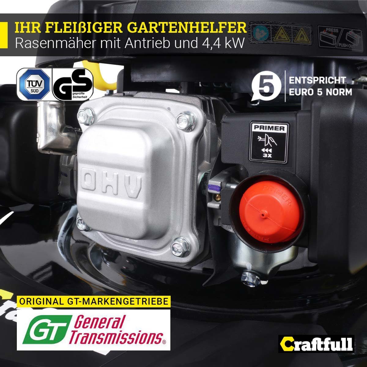Craftfull Benzinrasenmäher 5in1 CR-196-10E Rasenmäher mit Benzin und Elektrostarter, 53 cm Schnittbreite, (Benzin Rasenmäher, Rasenmäher mit Fangkorb, Rasenmäher mit Selbstantrieb, Schnitthöhe in 8 Stufen verstellbar - Euro-5-Norm - Rasenkamm), 4,4kW - GT-Leichtlaufgetriebe - Easy Clean Funktion - 62l Fangsack