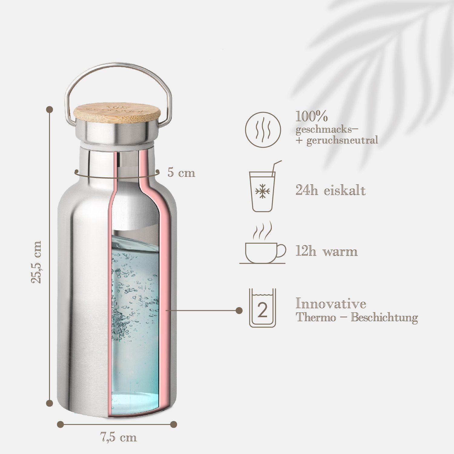Thermoflasche BPA-Frei, 750ml 750ml Silber Thermosflasche, ecoroyal Edelstahl auslaufsicher - Edelstahl, Trinkflasche