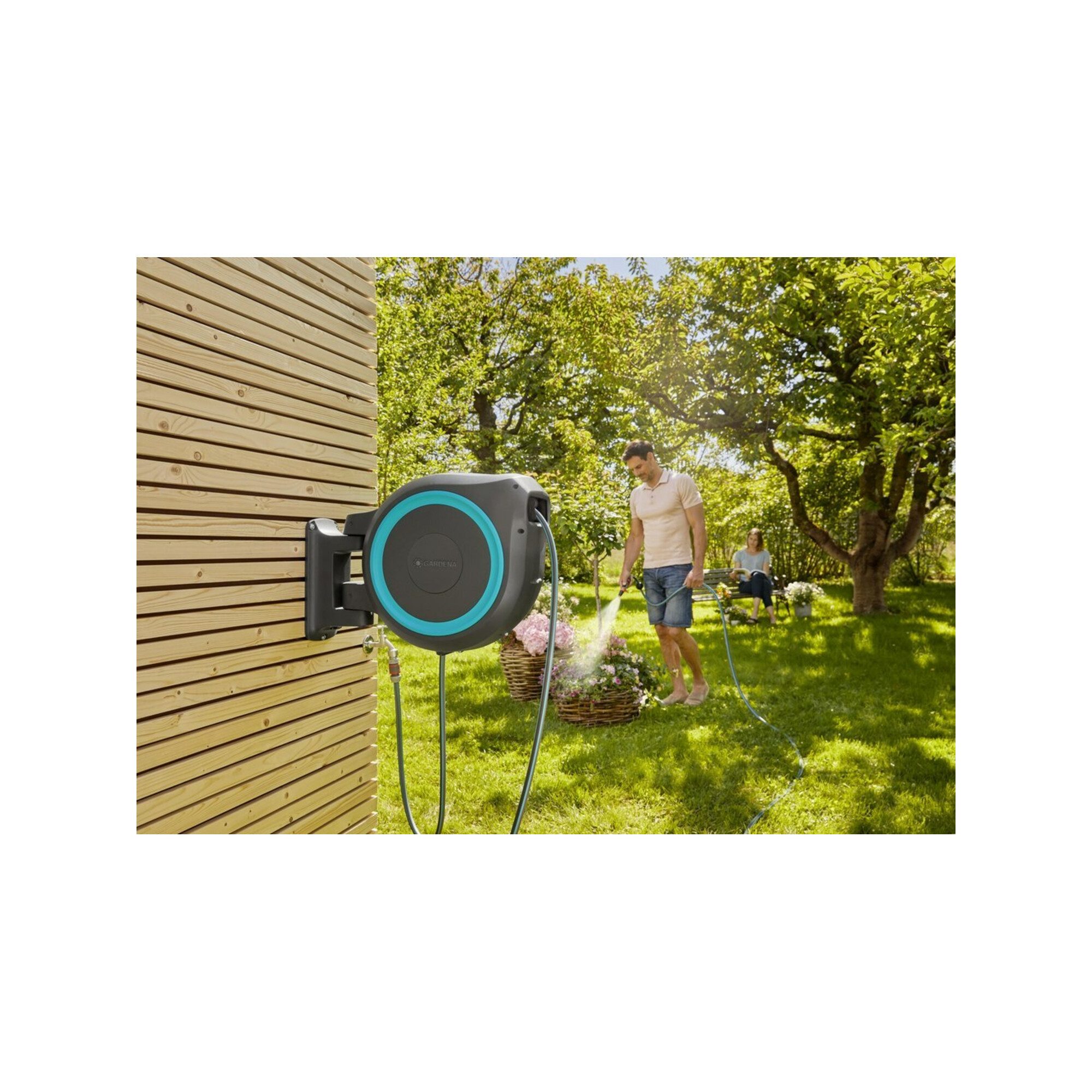GARDENA Bewässerungssystem Gardena Wand-Schlauchbox türkis RollUp XL 35 m Multibrause 18313