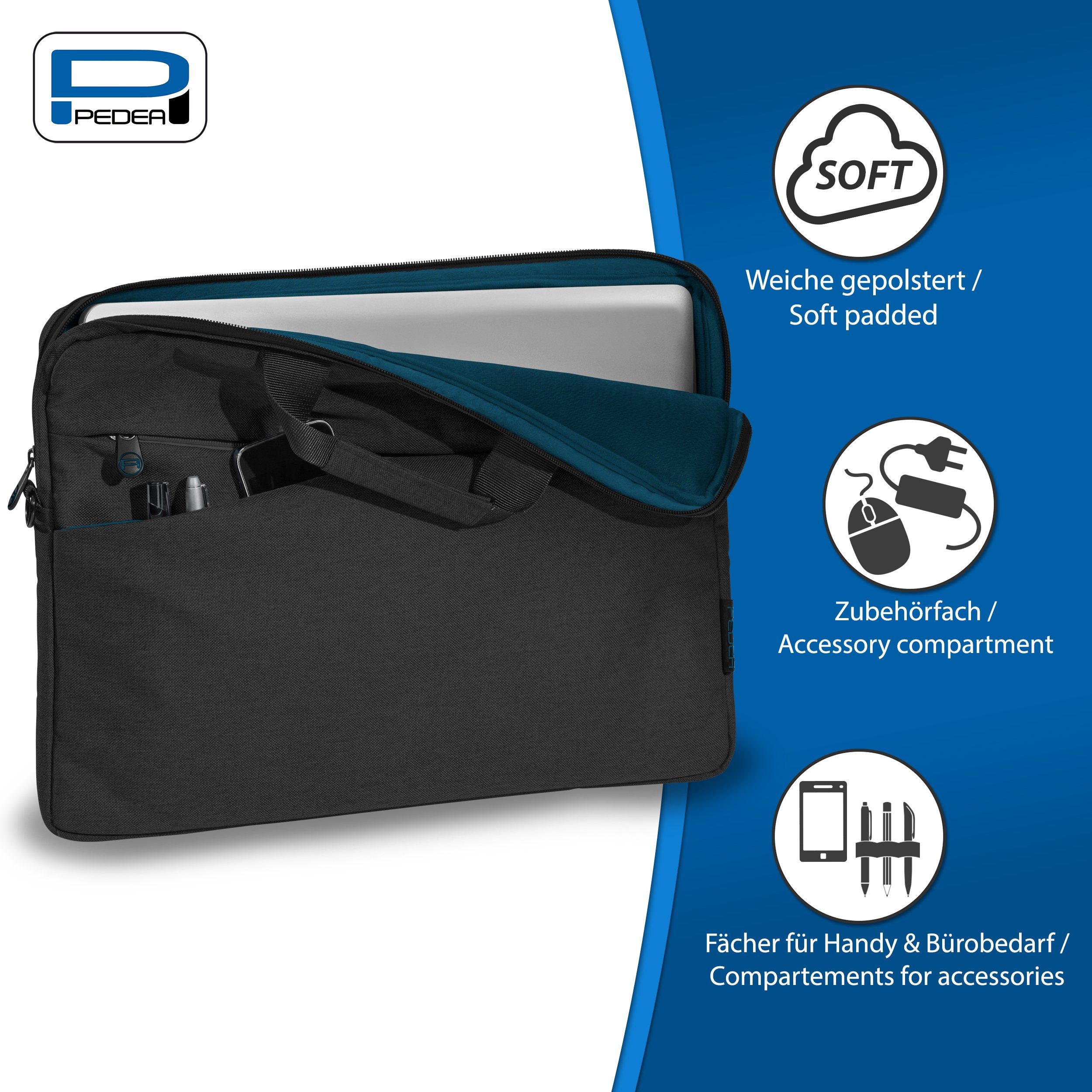 PEDEA Laptoptasche FASHION Umhängetasche mit Polsterung 13,3 / 15,6 / 17,3 Zoll (15,6 Zoll (39,6 cm), Umhängetasche mit dicken Polsterung und fleeceartigem Innenfutter