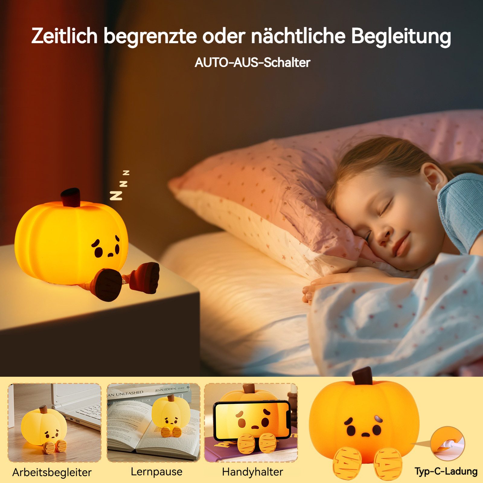 BlingBin Nachtlicht Kürbis Lampe, Touch Kinderbett Nachtlicht aus Silikon, Nachttischlampe, 3-stufig dimmbare Helligkeit, LED fest integriert, Warmes Licht, Weihnachten Deko Night Light, Aufladbar Nachtlampe Handyhalter