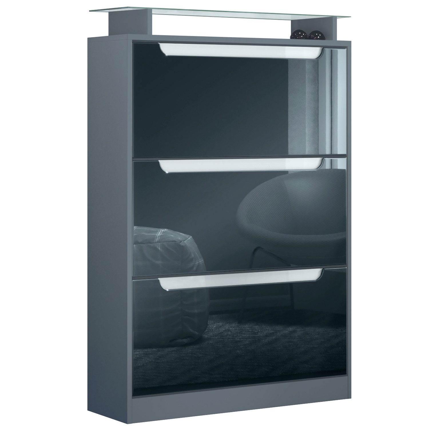 Vladon Schuhschrank Space (Schuhkipper, für 24 Paar Schuhe mit 3 Klappen und Glasablage) Anthrazit matt/Schwarz Hochglanz (89 x 128 x 23 cm)
