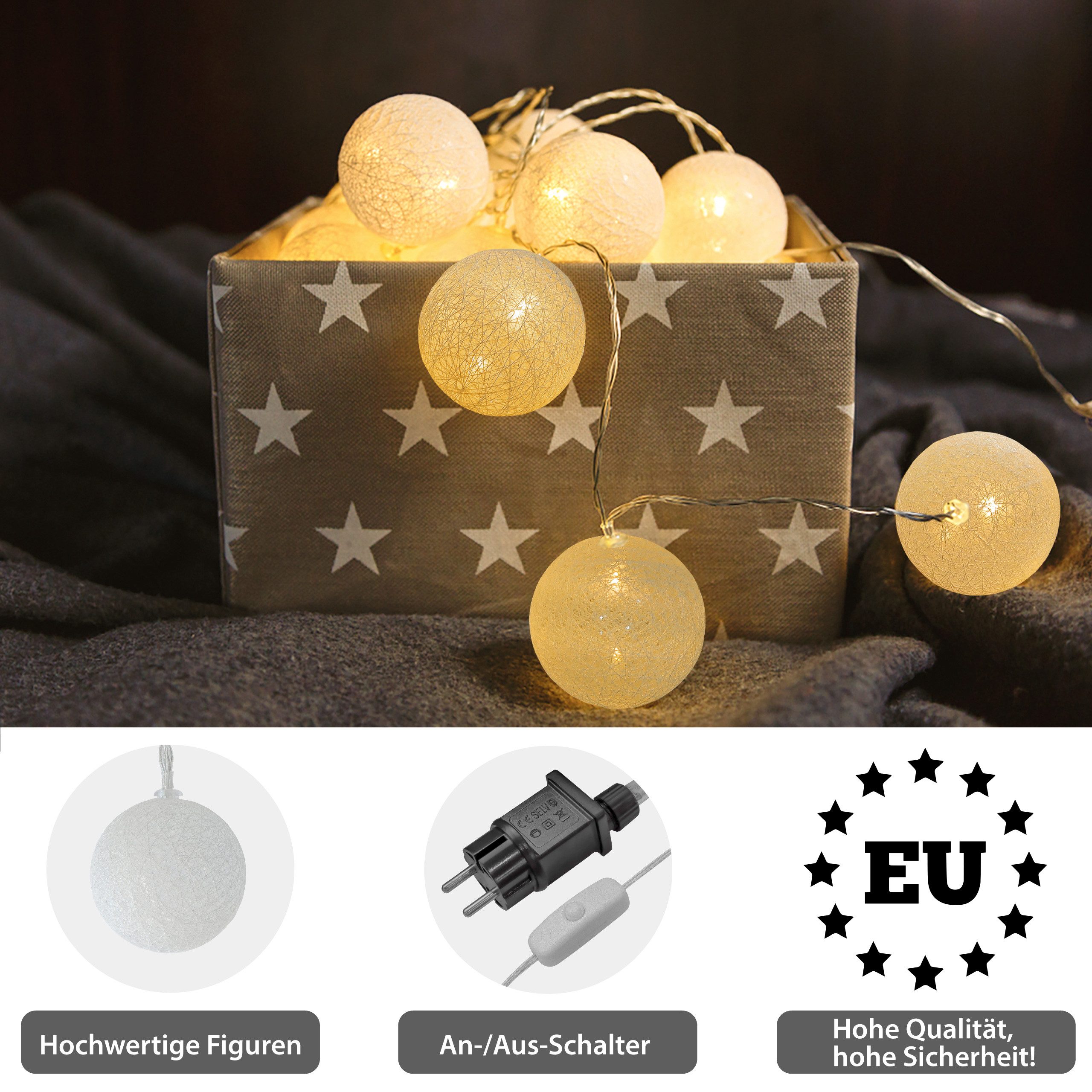 COZY HOME LED-Lichterkette Cotton Balls - Strombetrieben, 20 LED I 6m I Warmweiße LED-Cotton Ball I Hausbett Bunt Deko – Bild 5 von 5