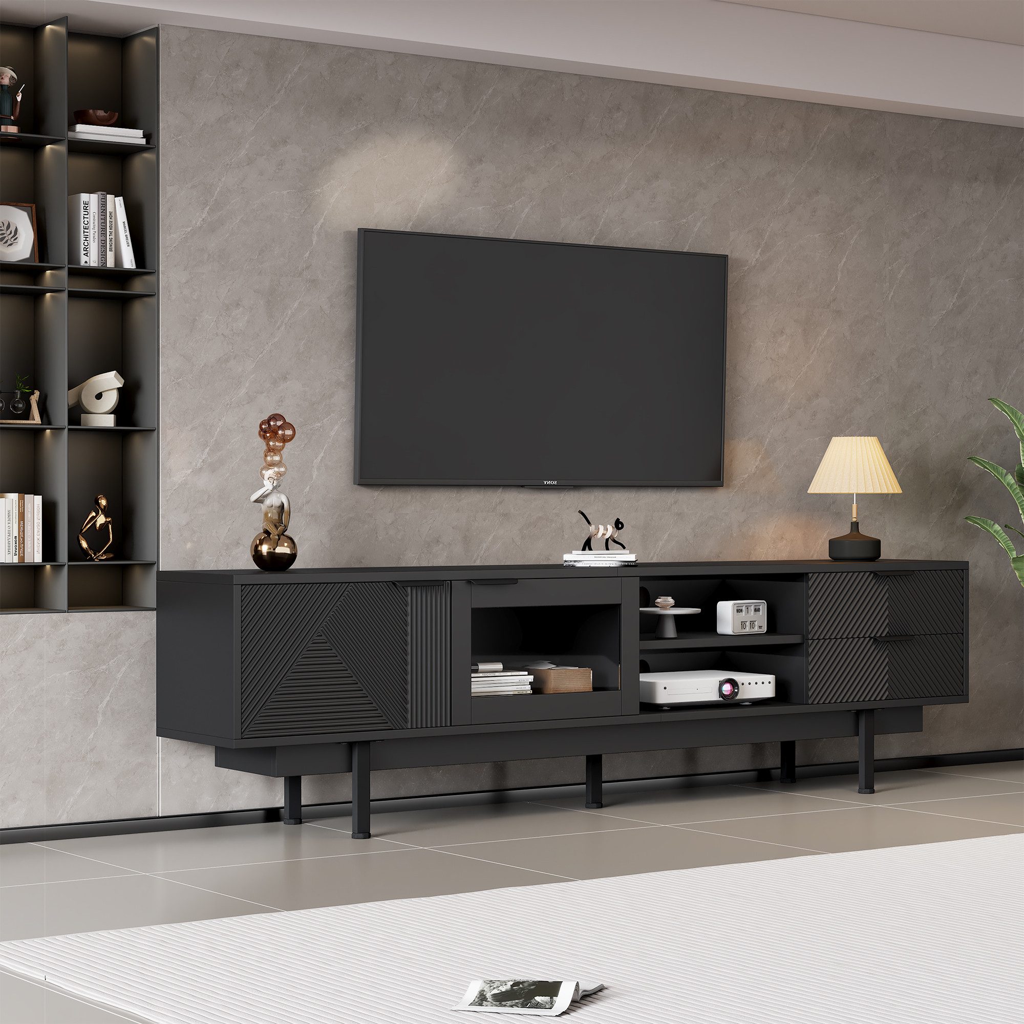 KLAM HOME Lowboard Lowboard Mit 2 Türen und 2 Schubladen,TV-Ständer mit großem Stauraum (200*40*50.5 cm moderner einfacher Fernsehschrank), Wohnraumschrank mit Gesamttragkraft von 45kg,Geeignet für 80-Zoll