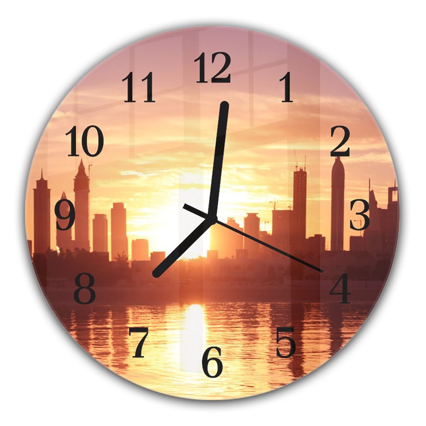 bei Primedeco Quarzuhrwerk Rund mit Wanduhr - mit aus Wanduhr cm und Sonnenuntergang Motiv 30 Glas Skyline Durchmesser