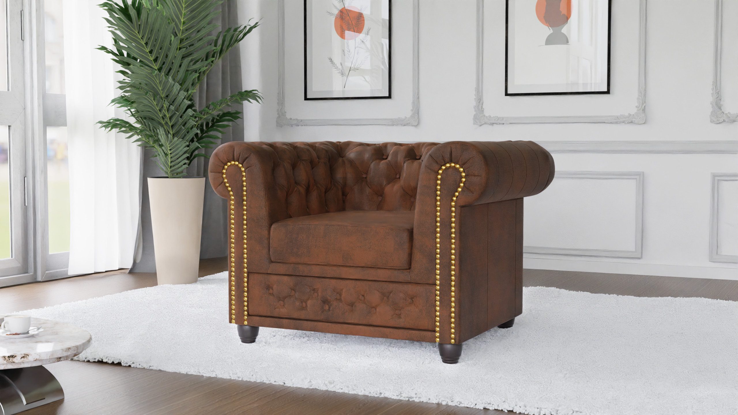 S-Style Möbel Кресла Chesterfield Anton aus Vintage Optik Microfaser mit Holzfüßen (Chesterfield Кресла), mit Wellenfederung