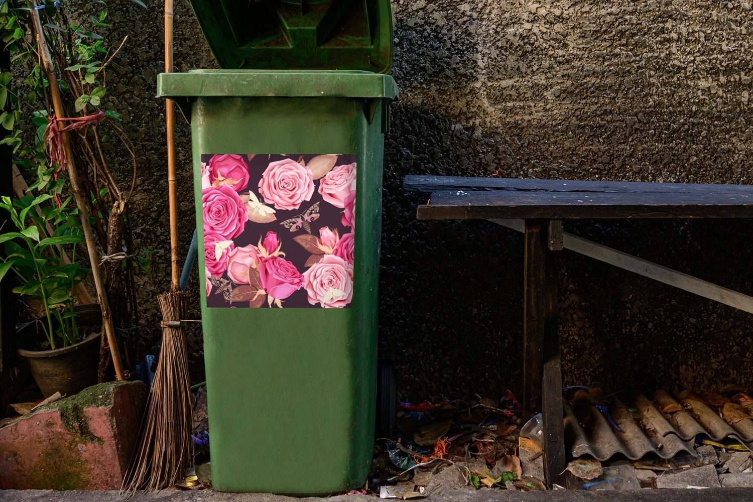 MuchoWow Wandsticker Rosen - Abfalbehälter Sticker, - (1 Schmetterlinge Mülleimer-aufkleber, Mülltonne, St), Container, Natur