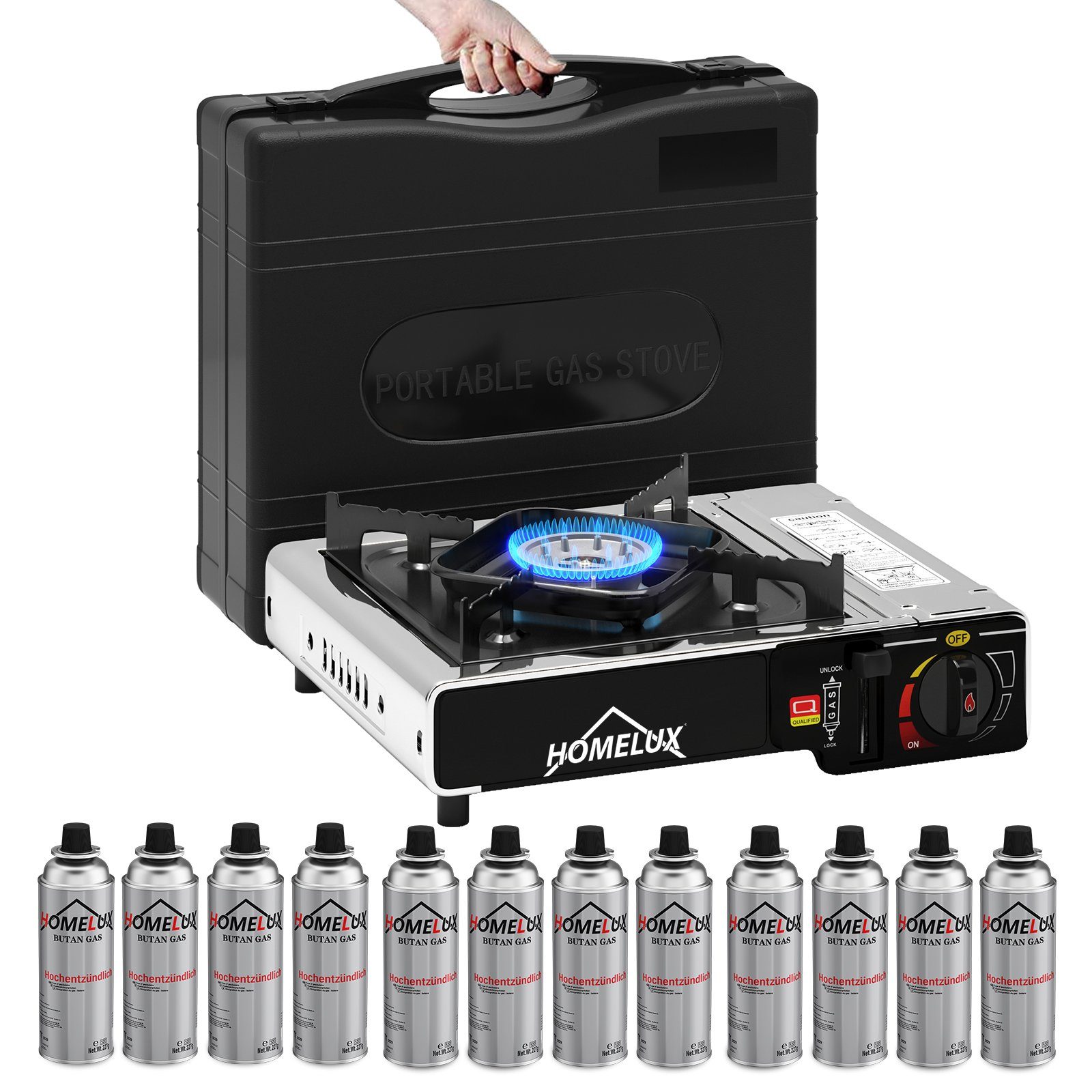 HOMELUX Gaskocher Edelstahl Campingkocher 2,2 KW mit 227g Gaskartuschen Gas Kocher, (12-St), 2,2 KW