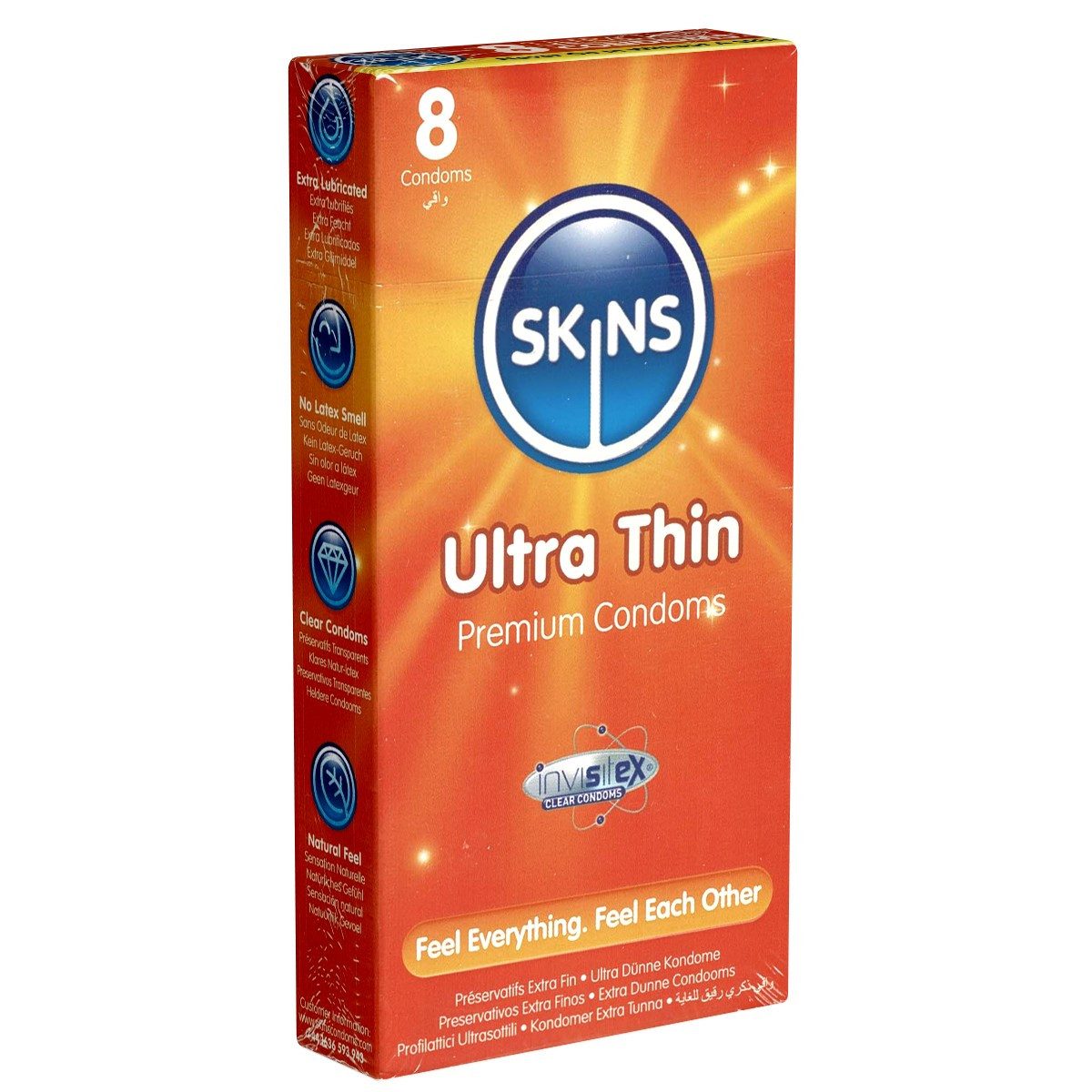 SKINS Condoms Kondome Ultra Thin, samtweiche Oberfläche, fühlt sich an wie "echt", Packung mit, 8 St., ultra dünne Kondome, durchsichtiges Latex (kristallklar), kein Latexgeruch