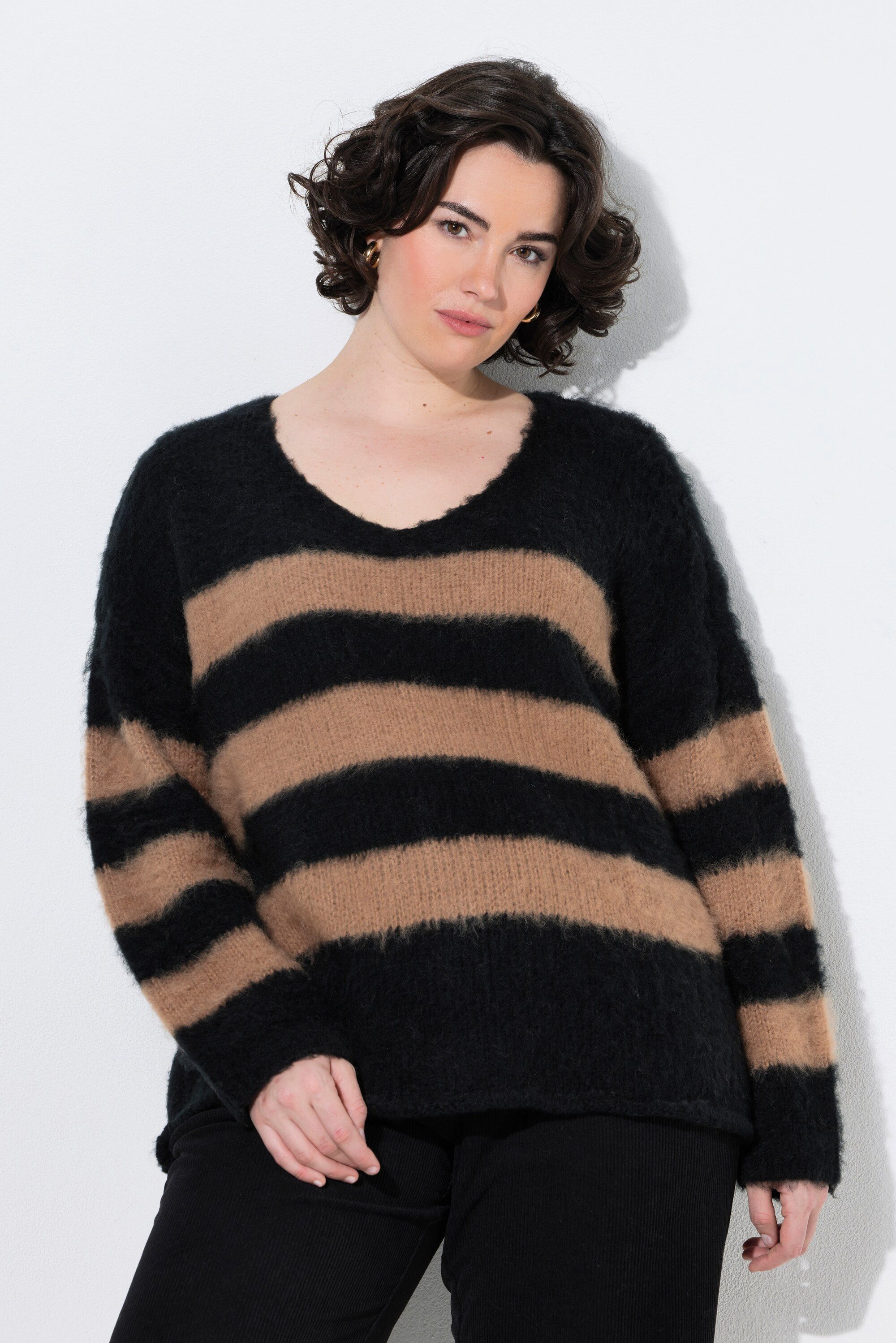 Ulla Popken Fleecepullover Pullover Blockstreifen V-Ausschnitt Langarm