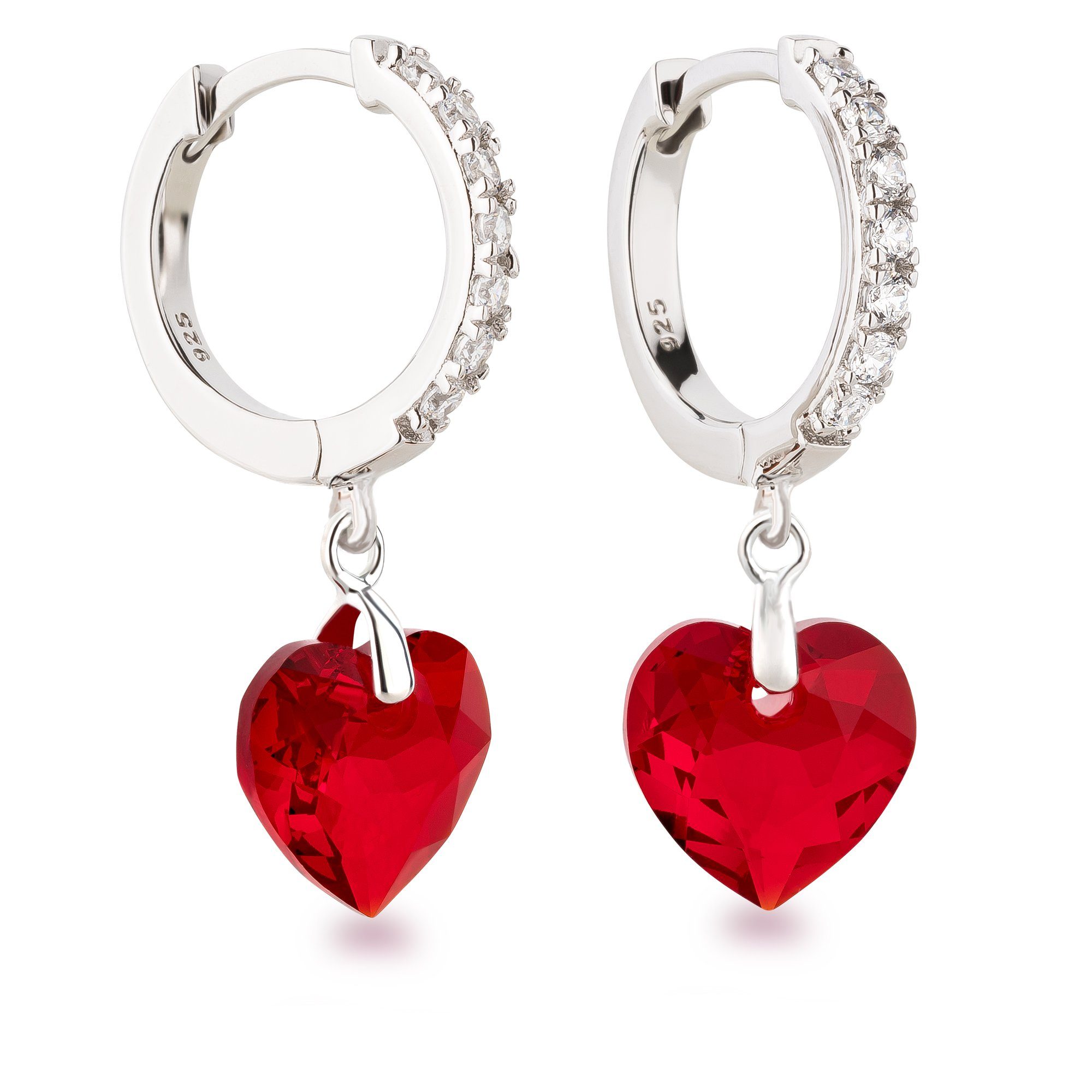 Schöner-SD 925 hängend Zirkonia, Herzohrringe, Kristalle mit Markenkristall mit Silber Ohrhänger Paar Herz rote Ohrringe