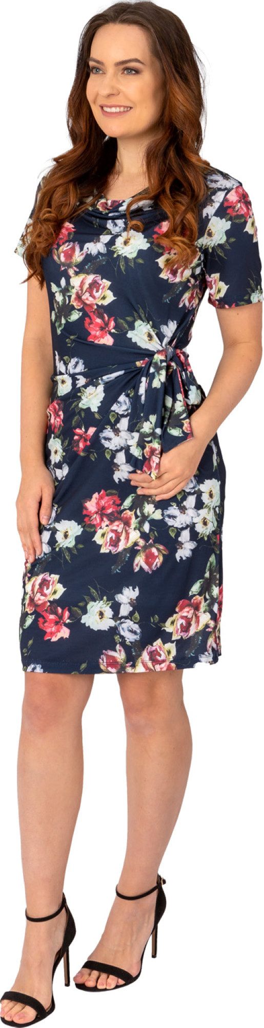 Estefania for woman Sommerkleid 176-5608, florales Kleid mit Wasserfallkragen und seitlicher Schnürung seitliche Schnürung, Wasserfallkragen
