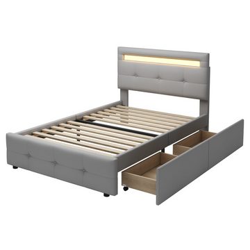 HAUSS SPLOE Bett Einzelbett Funktionsbett Bettrahmen KInderbett (mit LED-Leuchten, 2 Schubladen, hautfreundlicher Leinenpolsterung flach)