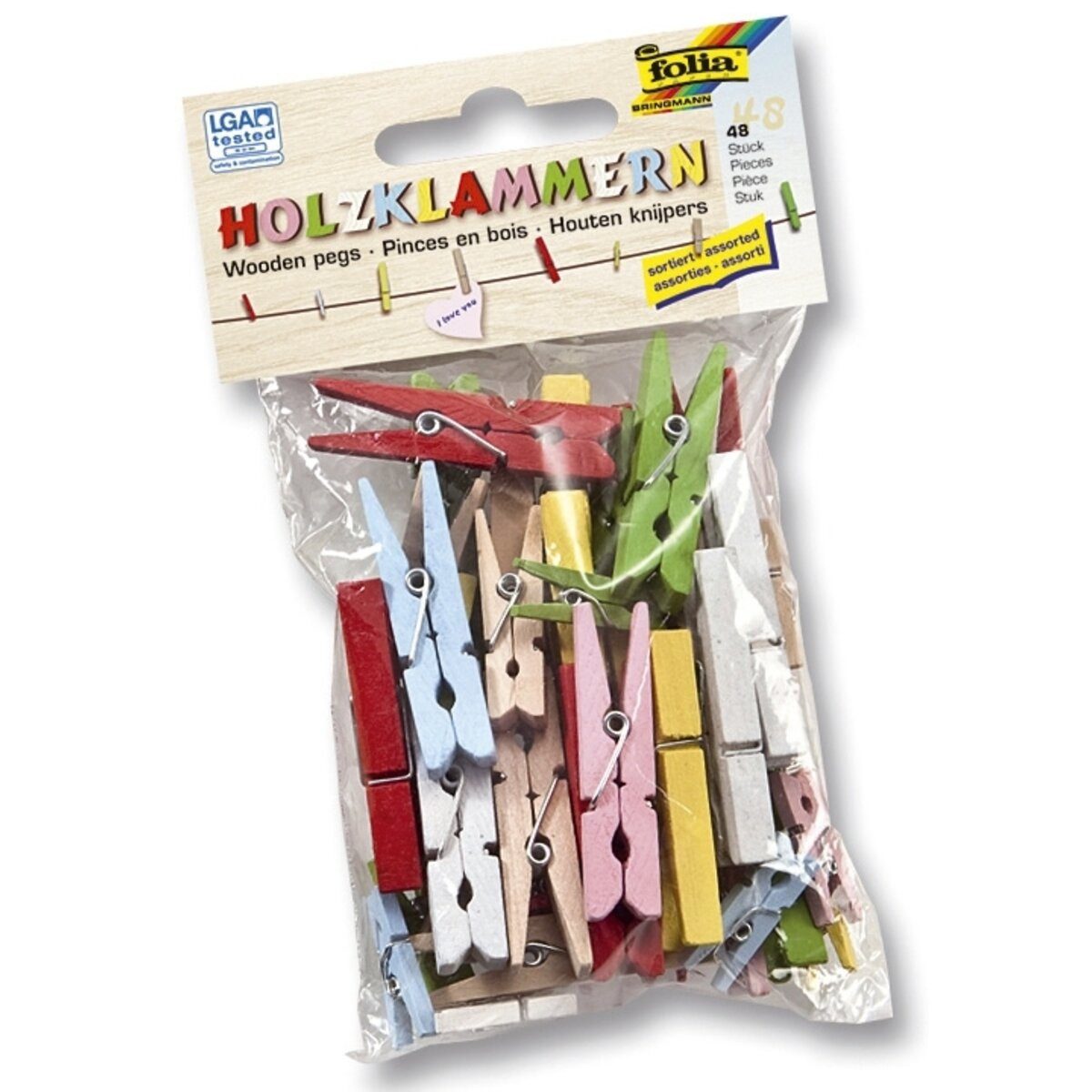 Folia Bastelfilz Wäscheklammer - Holz farbgig sortiert 48 Stück.