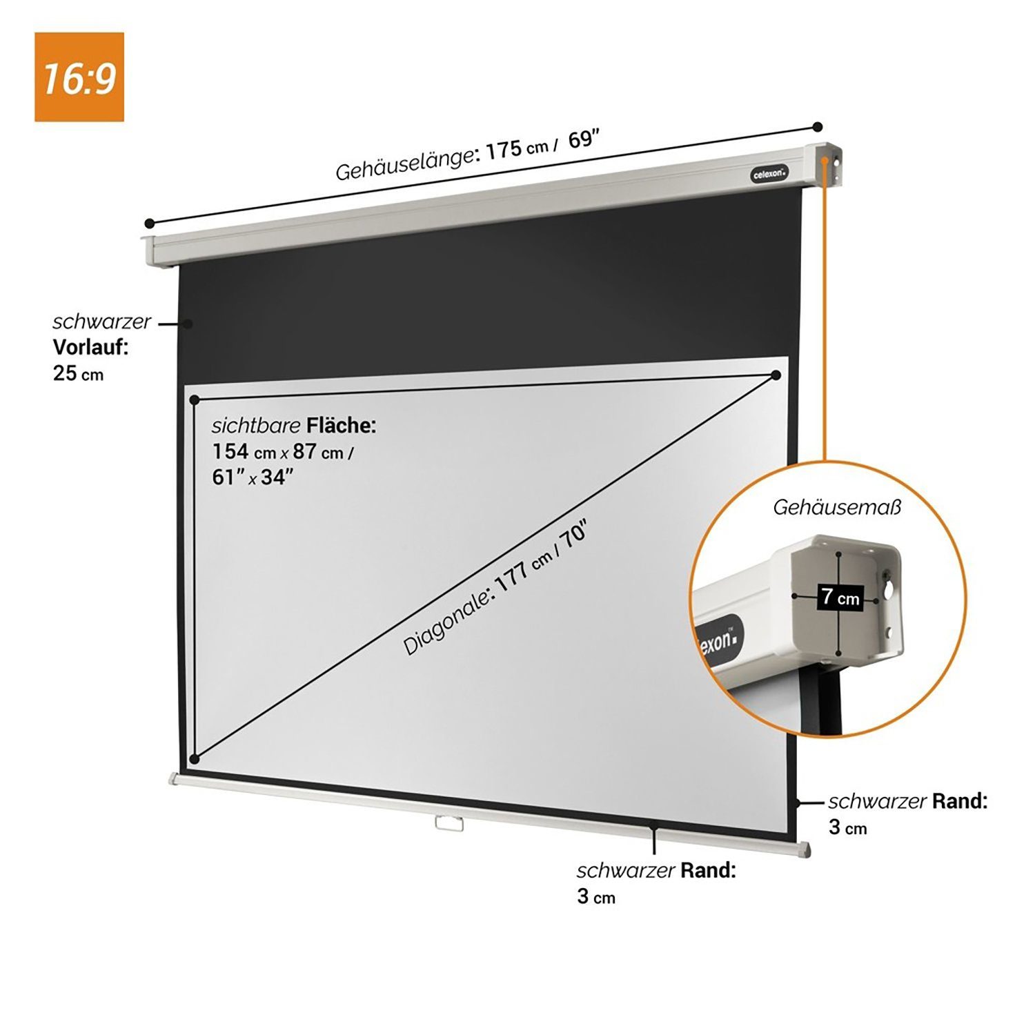 x 1,2) 87cm, Rolloleinwand (154 Professional Celexon Gain 16:9,