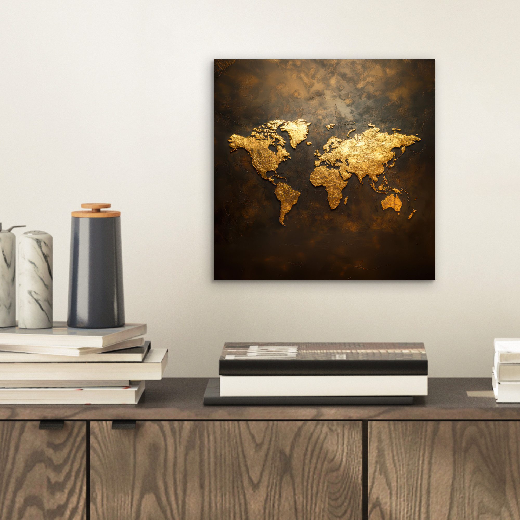 MuchoWow Metallbild Weltkarte - Gold - Rost, Inkl. Aufhängung, Alu-Dibond-Druck, Wandbild aus Metall, Aluminium deko, 20x20 cm – Bild 2 von 5