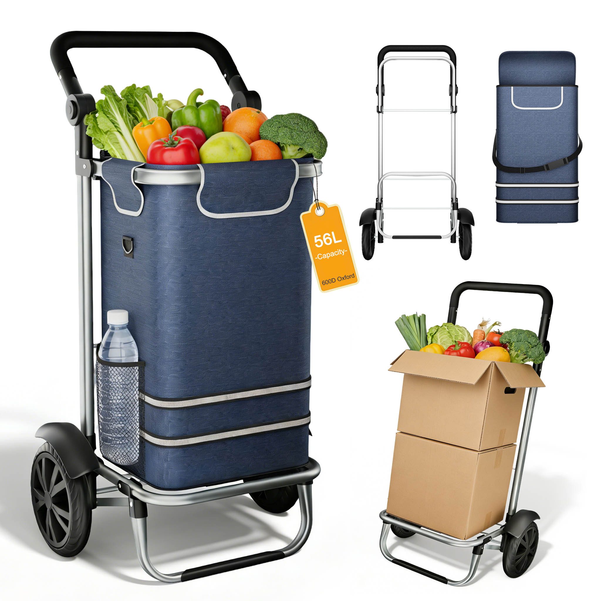 FIVMEN Einkaufstrolley 56L Trolley Einkaufswagen mit Extra Großen Rädern, 3 in 1 Treppensteiger Trolley mit Wasserdichter Tasche und Kühlfach