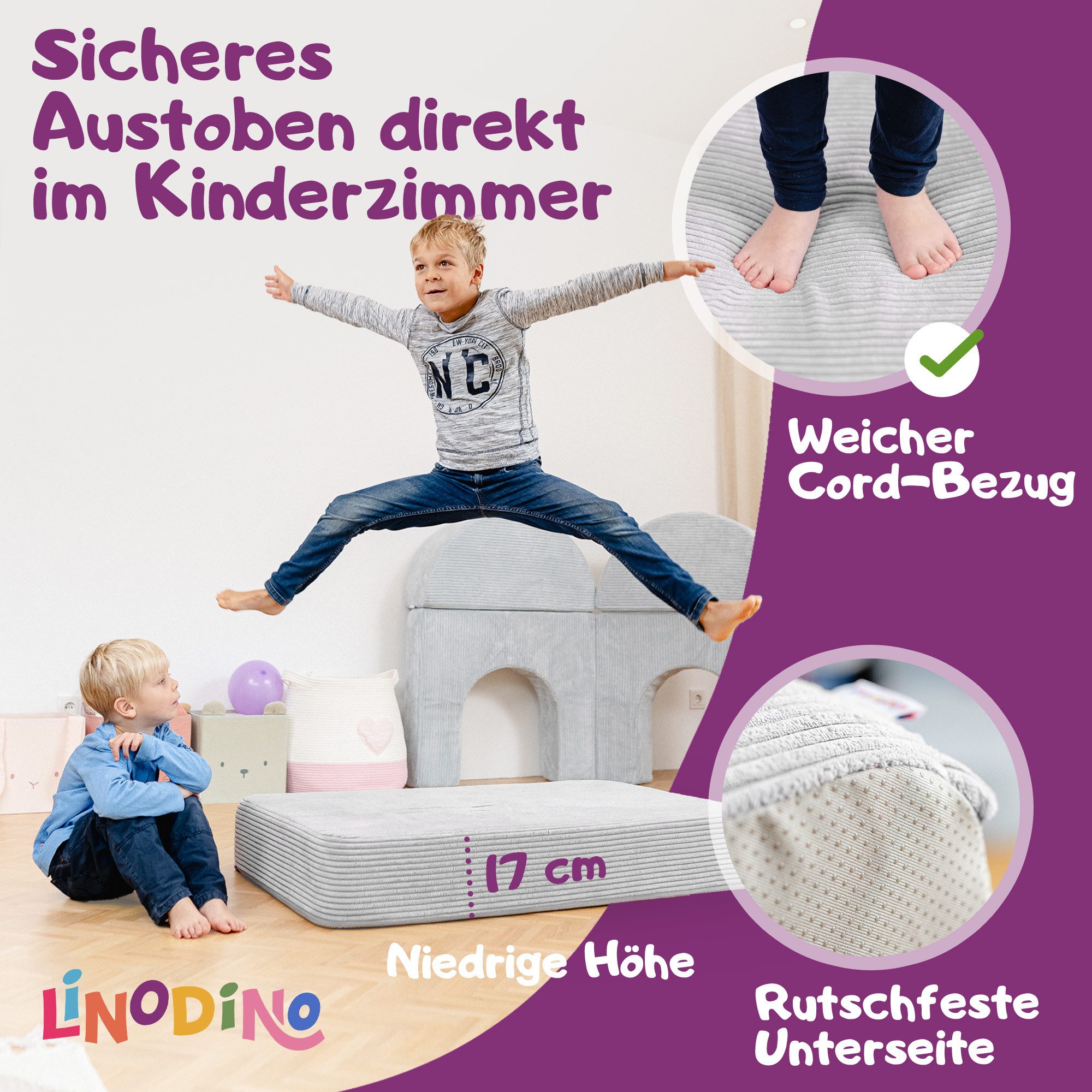 Linodino Hüpfspielzeug Hüpfpolster für Kinder 107x70x17cm Cord Hüpfmatratze mit Federkern, Waschbarer Bezug