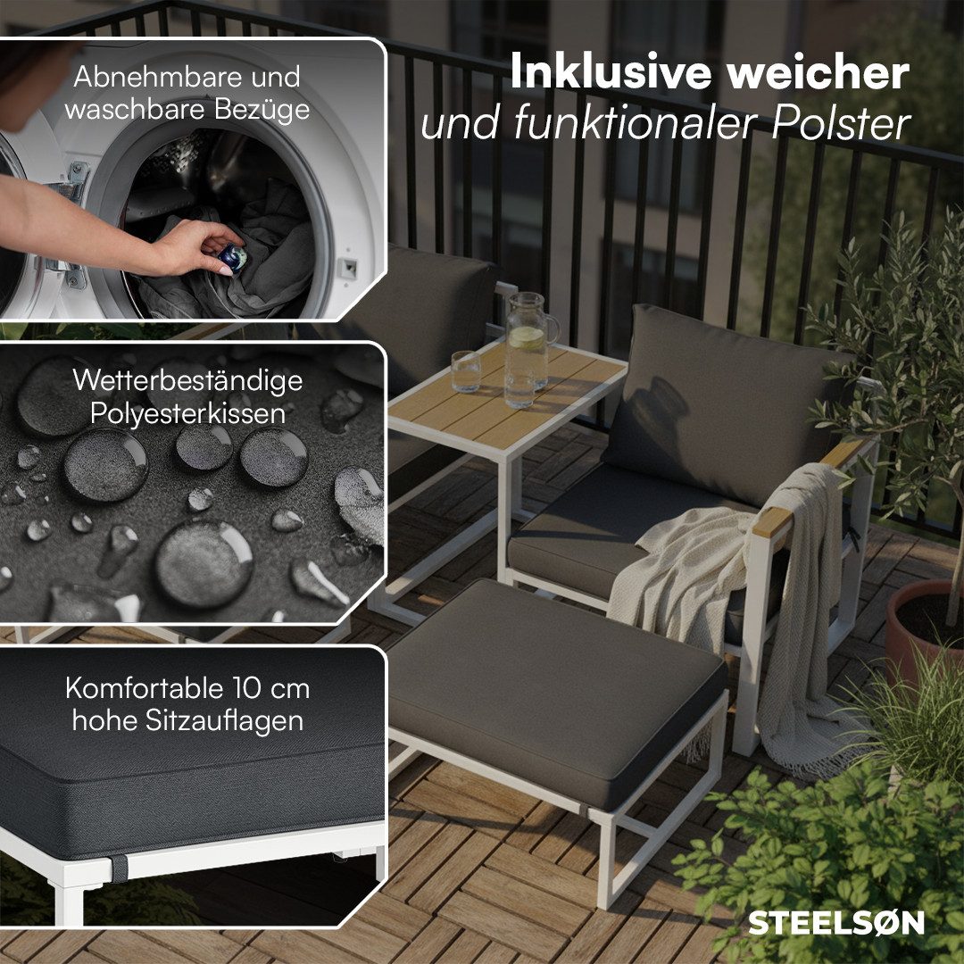 STEELSØN Sitzgruppe Asteri 5-teilig mit Sesseln & Tisch, (weiß/anthrazit), inkl. Sitzpolster, Gartenmöbel-Set Metallgestell, als 2- oder 4-Sitzer