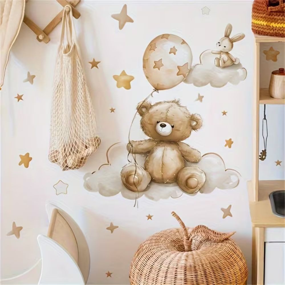 Montegoni Wandsticker Wolken Teddybär Wandsticker Kinderzimmer Wandtattoo mit Hase Sterne (Mehrteiliges Motivset, 1er Set Boho Wandsticker), Selbstklebend, Ablösbar, Glänzend, Mehrteilig, Dekorativ
